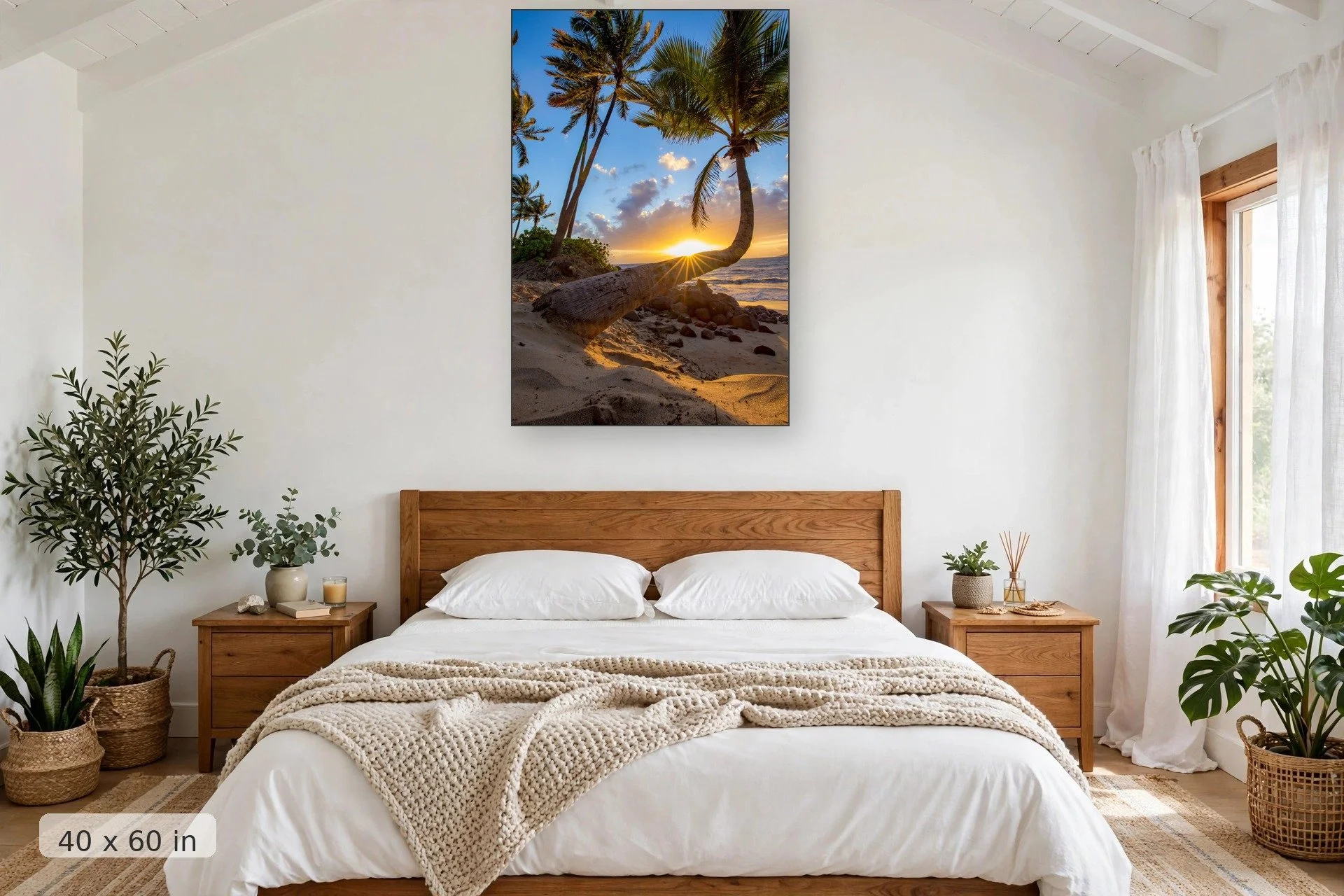palm bends towards ocean on scenic hawaiian beach in maui — Rays of Paradise print, 40x60 mockup above a bedroom headboard