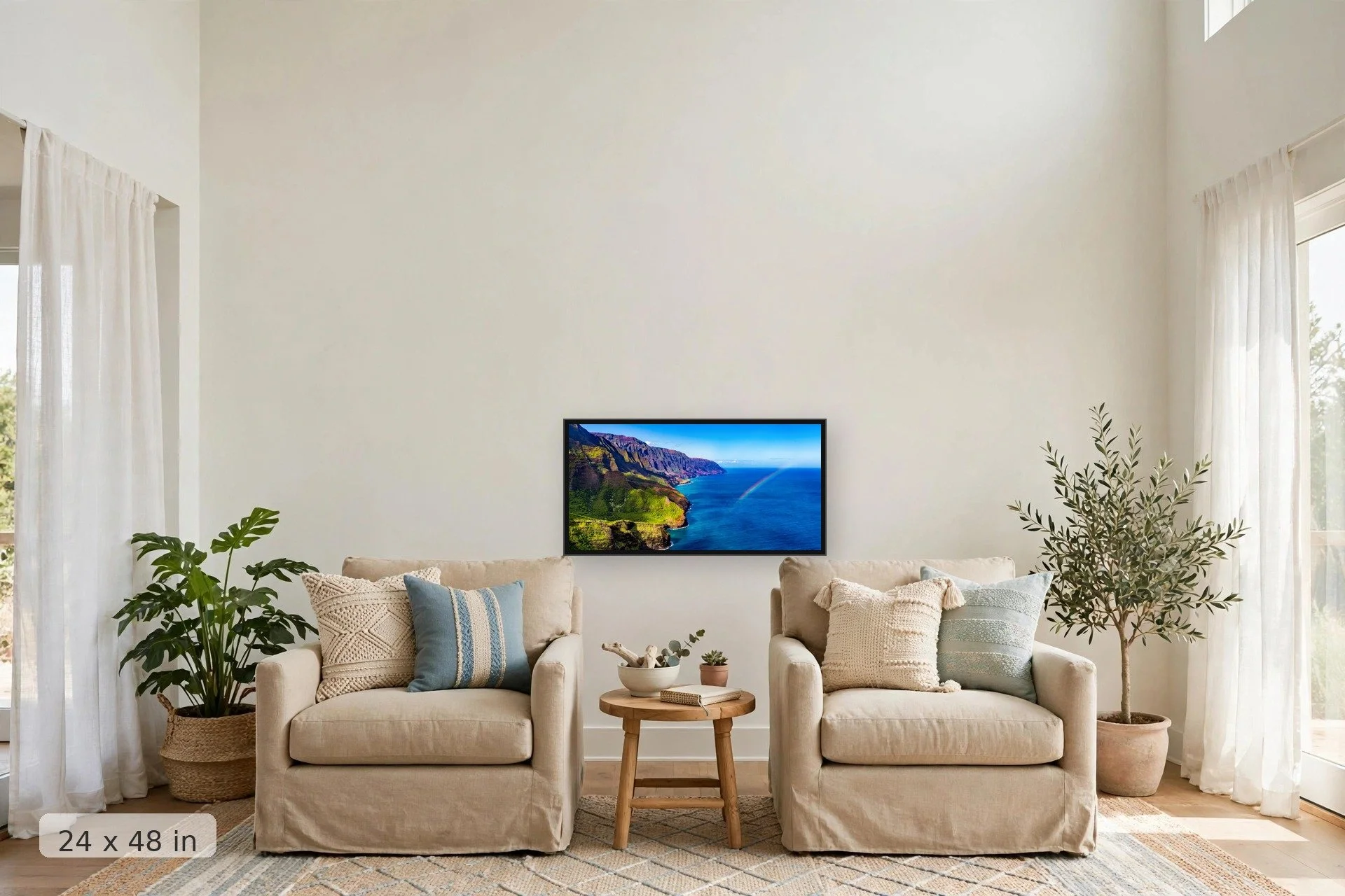 Rainbow over the Napali Coast panoramic — Napali Rainbow Panoramic print, 40x60 large mockup in a living room