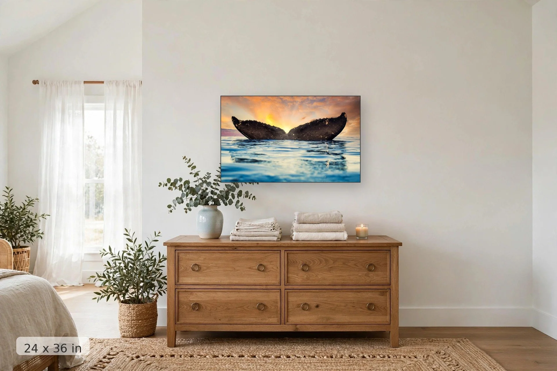 Humpback whale tail at sunset — Whale Tail Sunset print, 24x36 mockup above a dresser