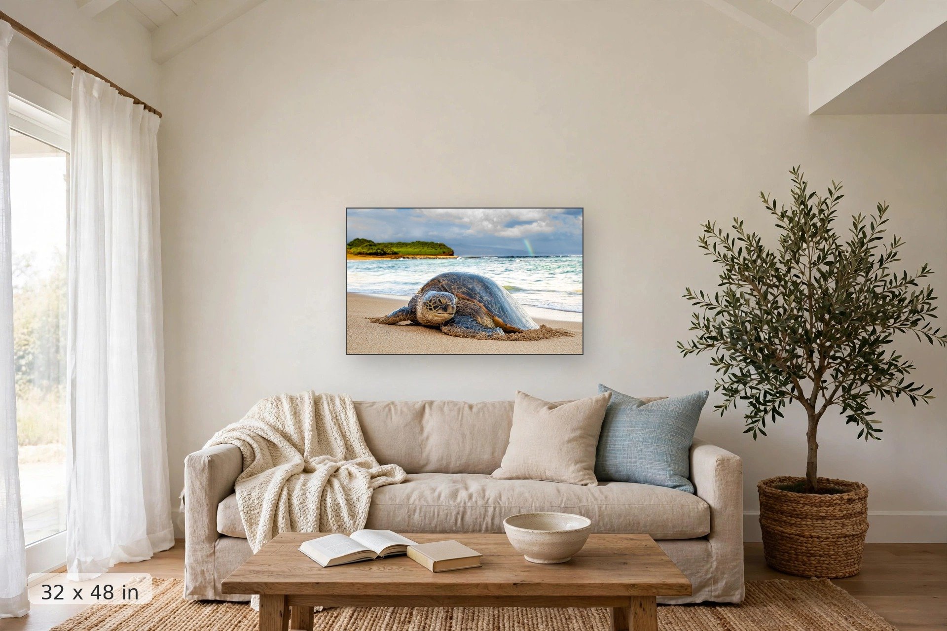 Hawaiian green sea turtle in morning light — Morning Honu print, 32x48 mockup above a living room sofa