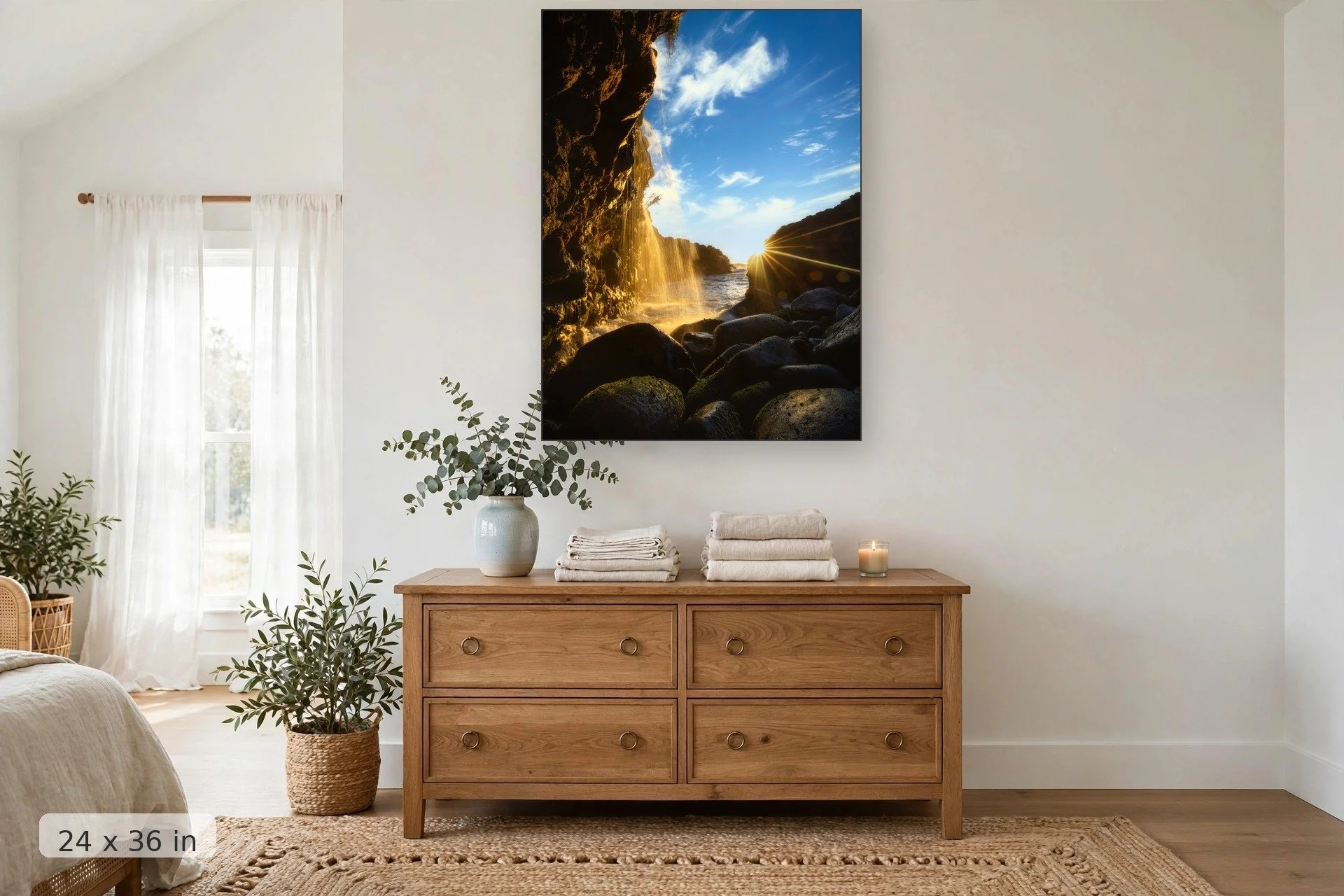 view from the bottom of queens bath in kauai with golden sunset in background — Queens Sunburst print, 24x36 mockup above a dresser