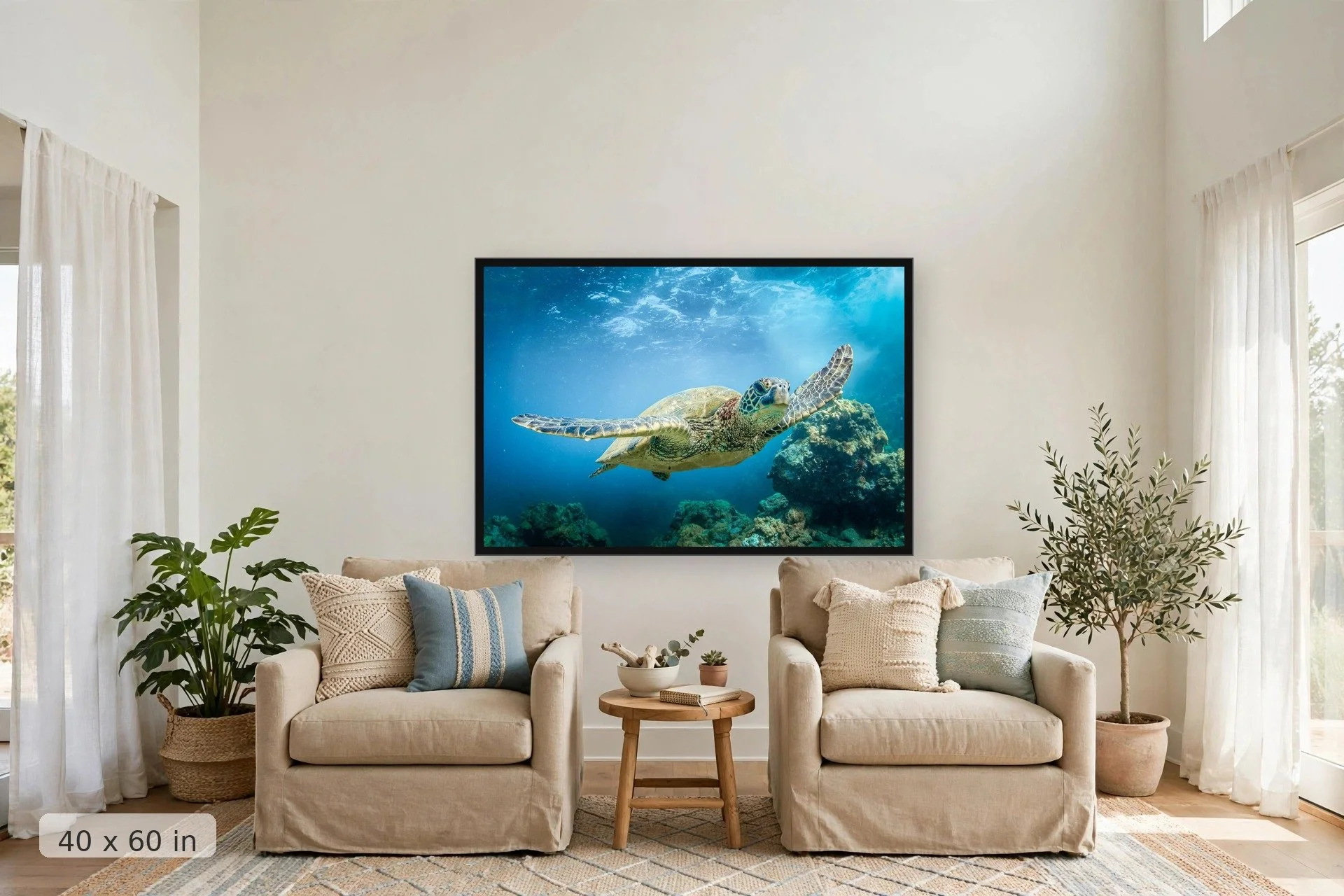 Turtle swimming over coral gardens — Take Flight print, 40x60 large mockup in a living room