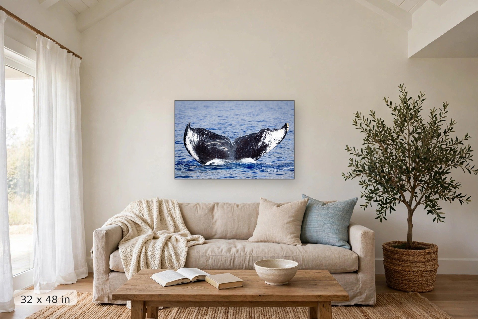 Ocean wave with white foam crest — Frosted Tips print, 32x48 mockup above a living room sofa