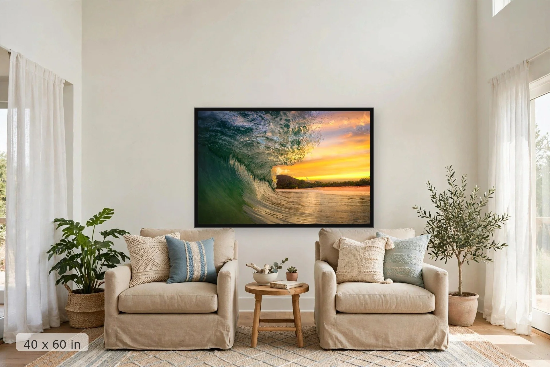 Wave barrel glowing at sunset — Sunset Barrel print, 40x60 large mockup in a living room