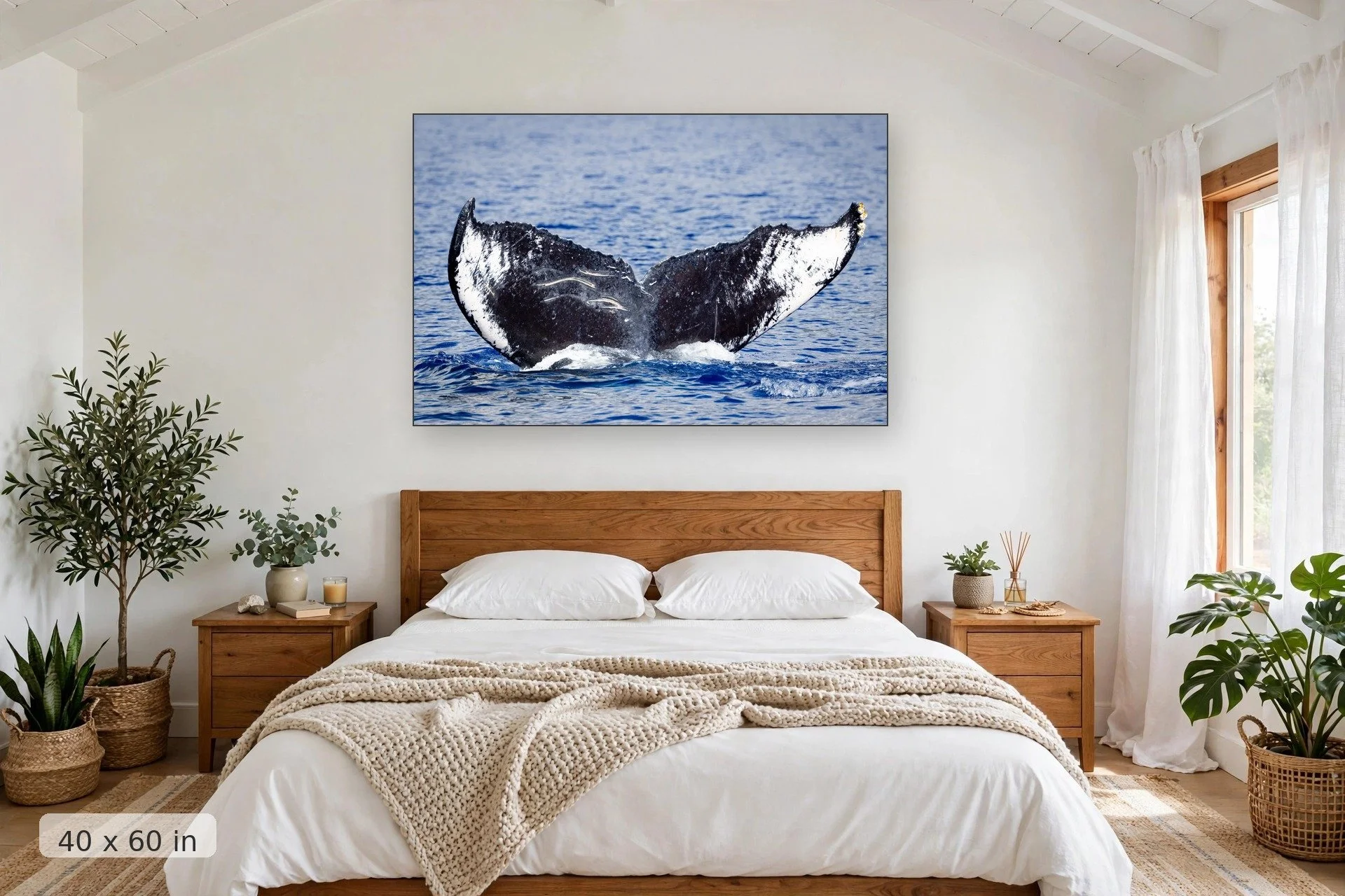 Ocean wave with white foam crest — Frosted Tips print, 40x60 mockup above a bedroom headboard