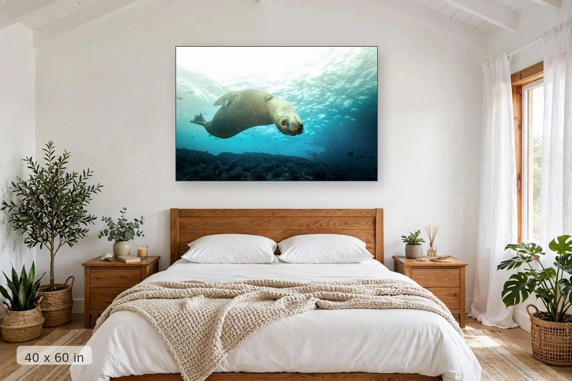 Curious sea lion portrait — Curious Sea Lion print, 40x60 mockup above a bedroom headboard