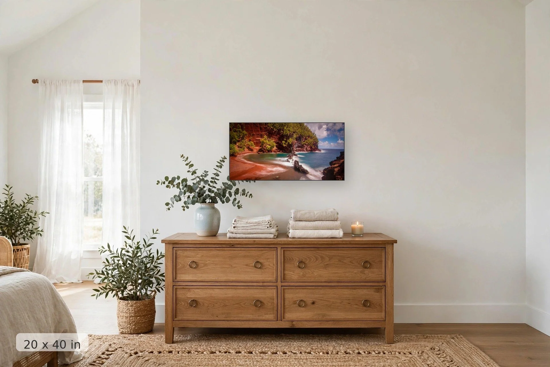 view from above maui's famous red sand beach — Red Sand Beach print, 24x36 mockup above a dresser