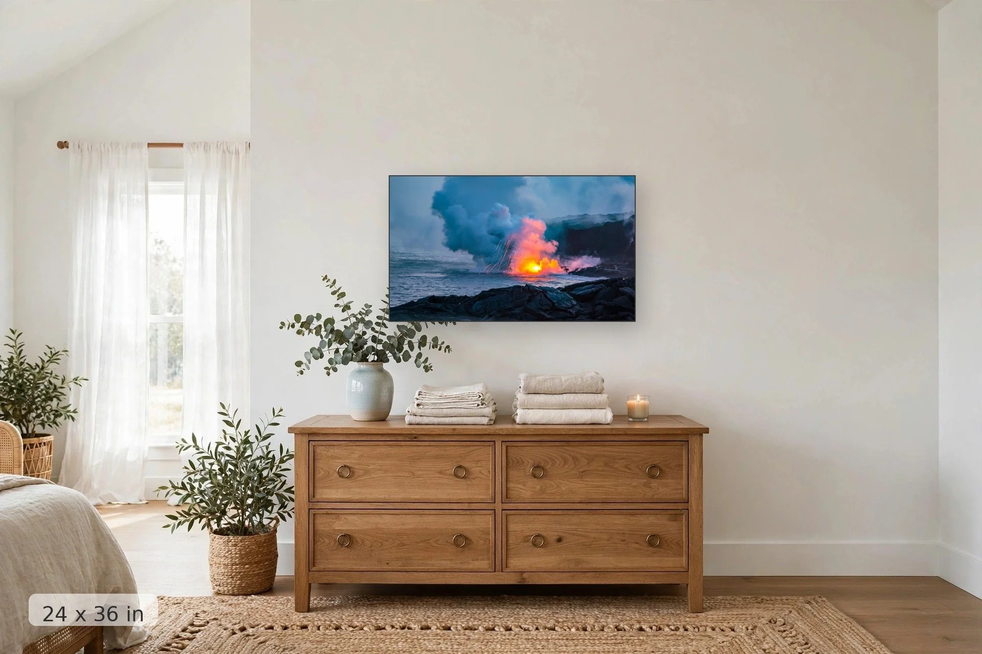 lava pours into the ocean creating an explosion of light when touching the water — Lava Explosion print, 24x36 mockup above a dresser