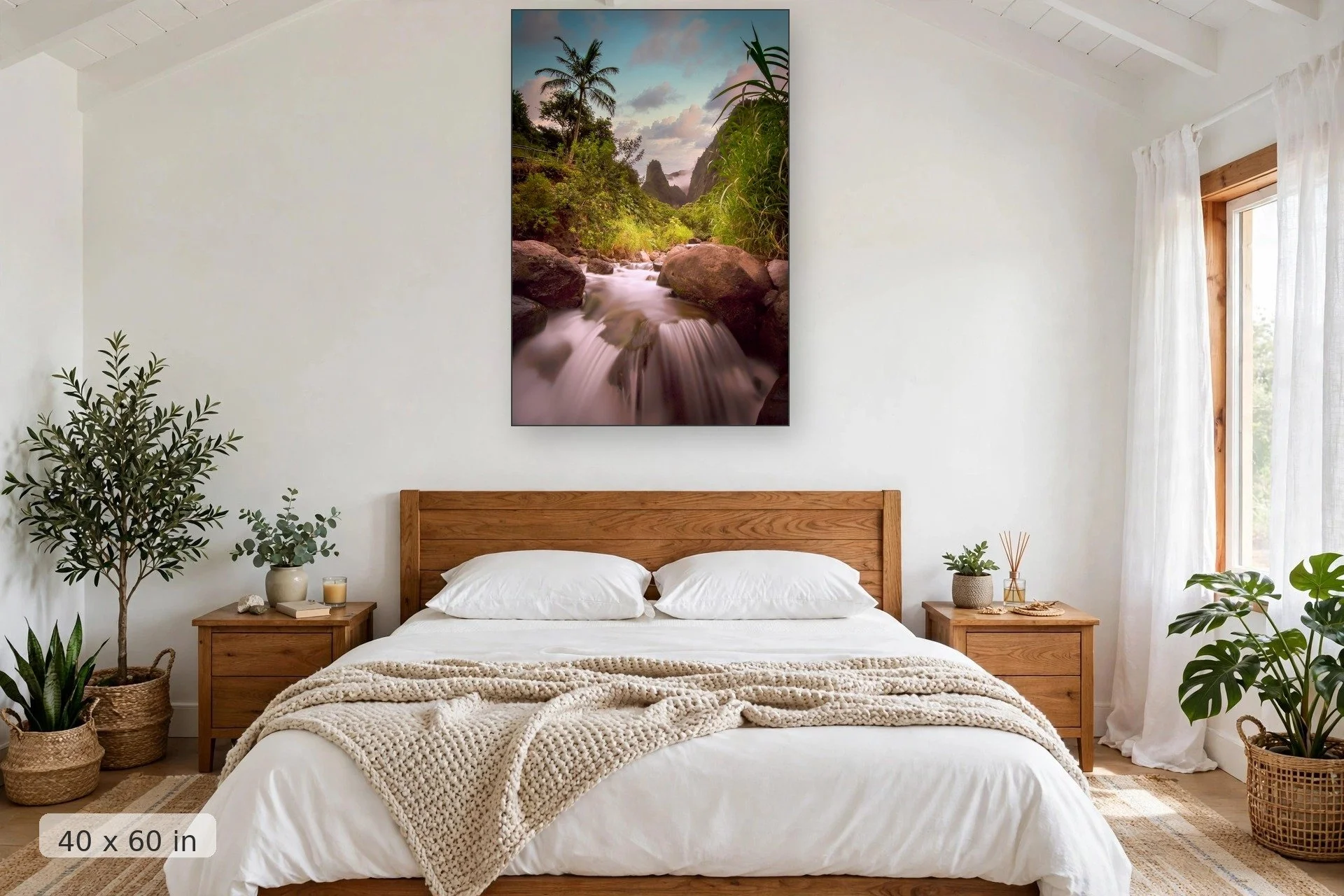 Iao Valley stream at sunset — Iao Sunset print, 40x60 mockup above a bedroom headboard