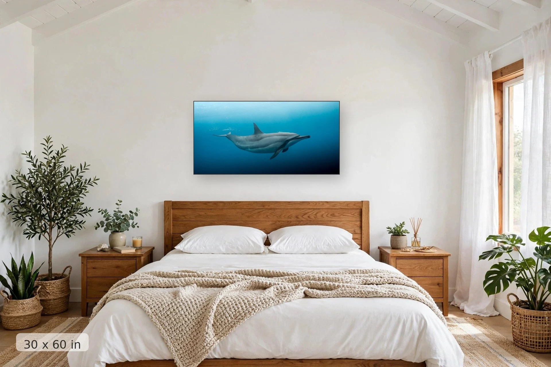 A spinner dolphin blowing bubbles underwater — Naia Bubbles print, 40x60 mockup above a bedroom headboard