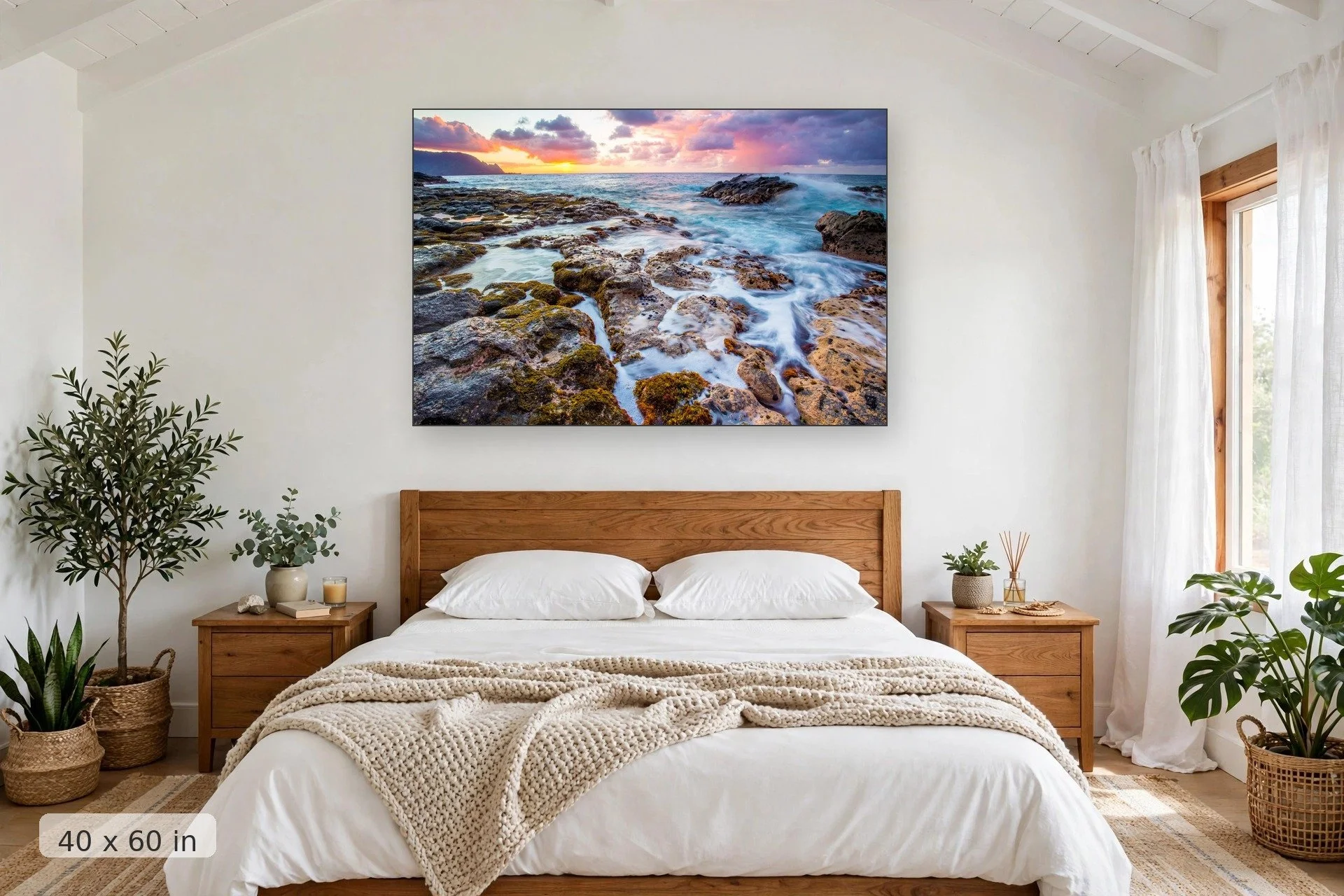 sunset along the south shore of maui with textural and colorful tide pools in the foreground — Tidal Sunset print, 40x60 mockup above a bedroom headboard