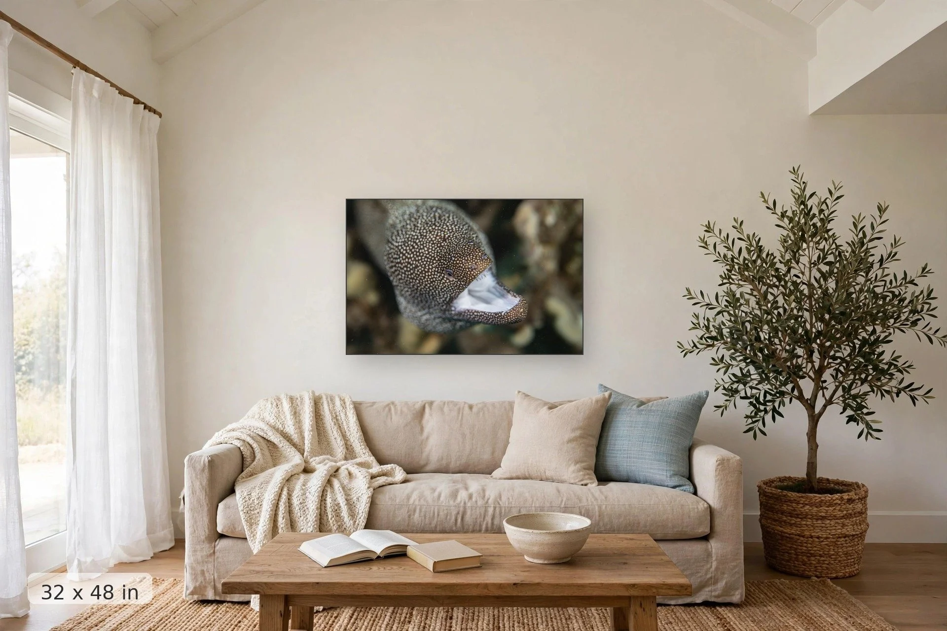 White-mouth moray eel — White Mouth Moray Eel print, 32x48 mockup above a living room sofa
