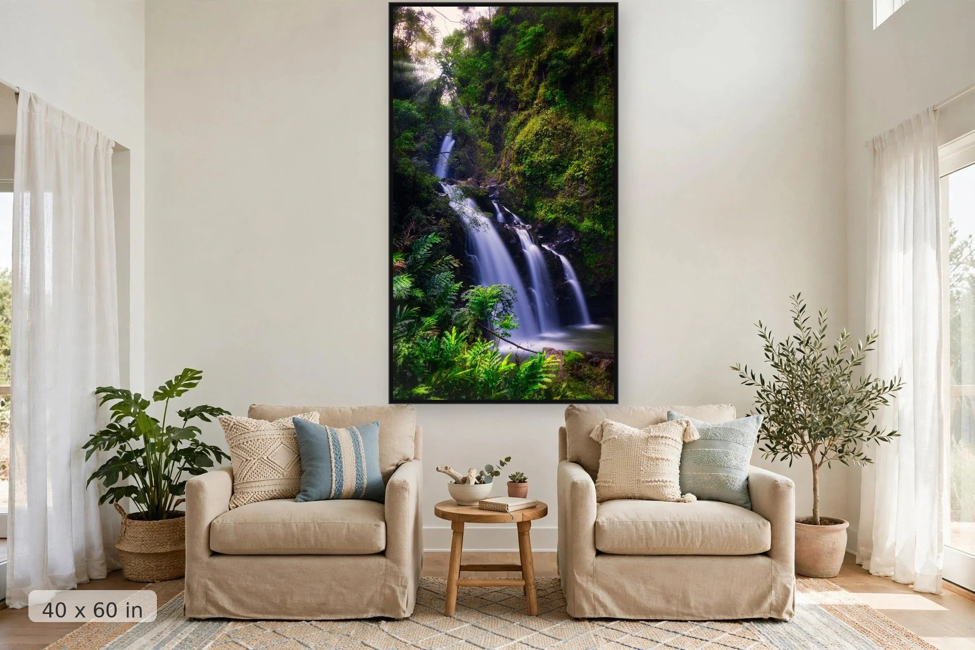 three waterfalls surrounded by lush tropical plants — Three Bears Rays print, 40x60 large mockup in a living room