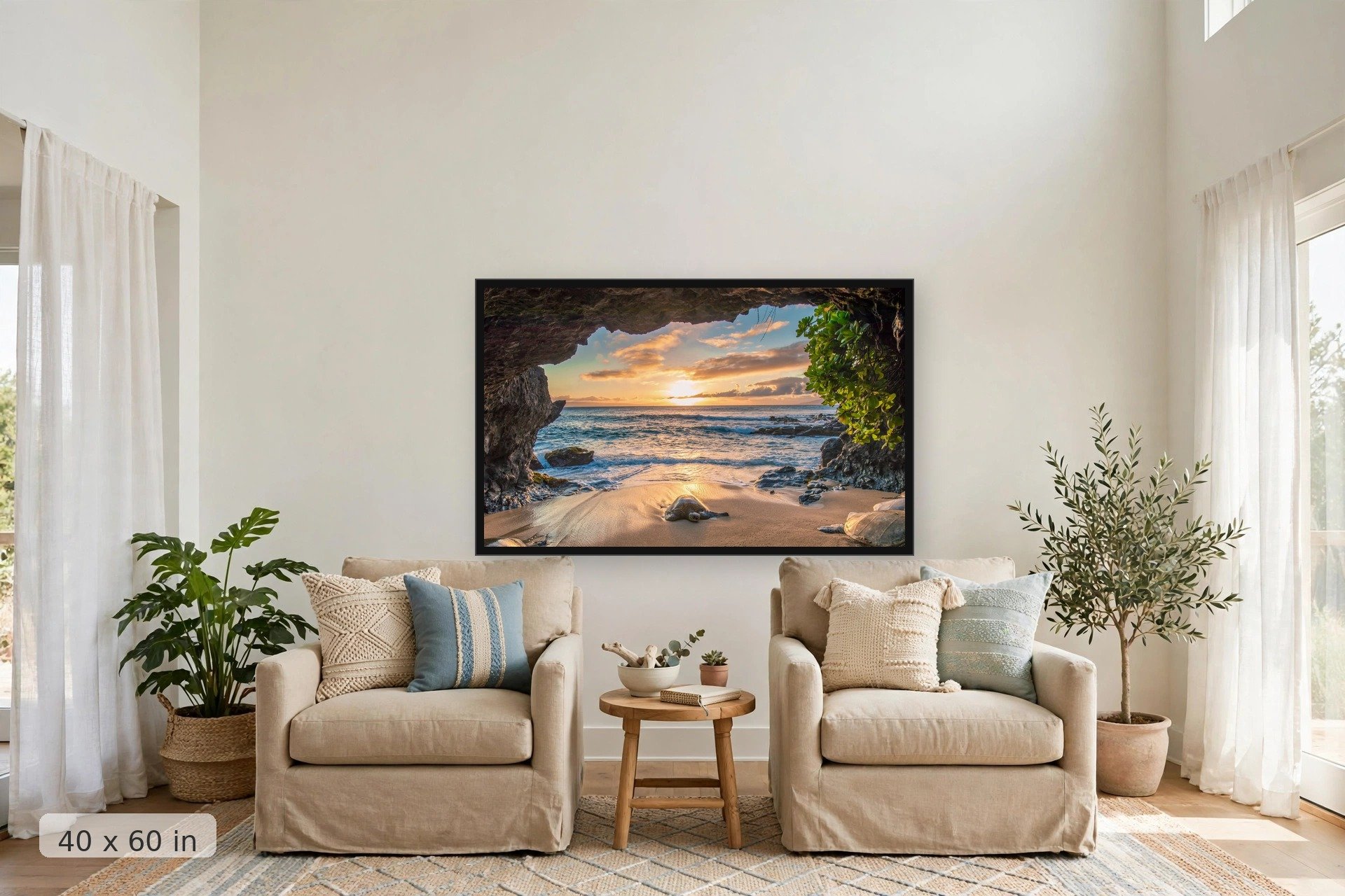 a lone sea turtle suns its back in a deserted cave in maui — Honu Cave print, 40x60 large mockup in a living room