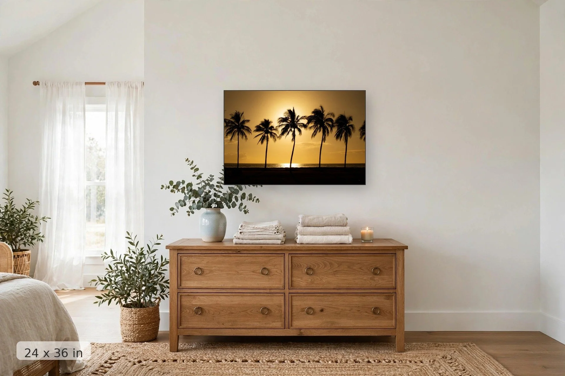 Minimalist ocean seascape — Simplicity print, 24x36 mockup above a dresser