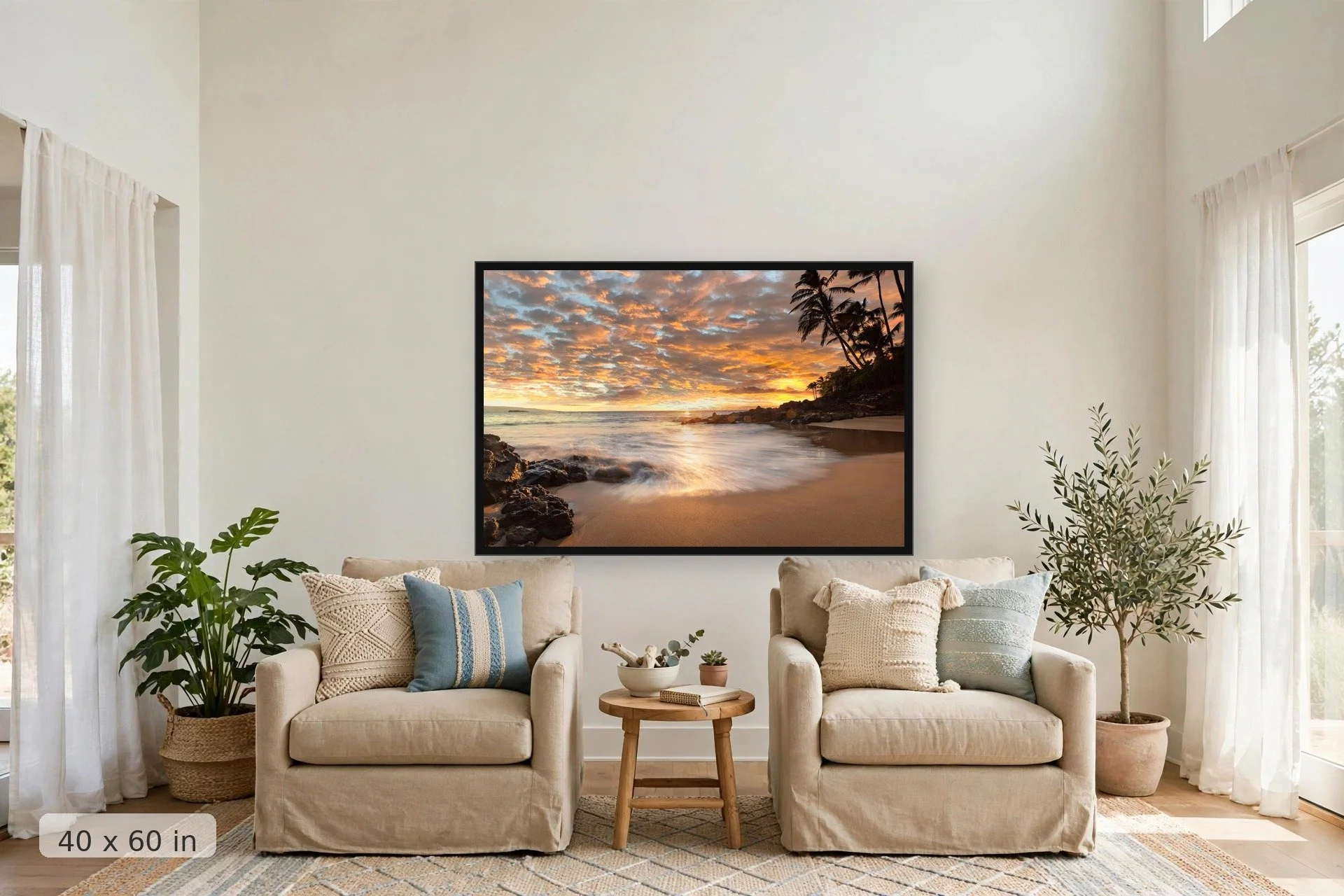 colorful clouds reflect sunset over the beach at poolenalena cove in hawaii — Po'olenalena Cove print, 40x60 large mockup in a living room