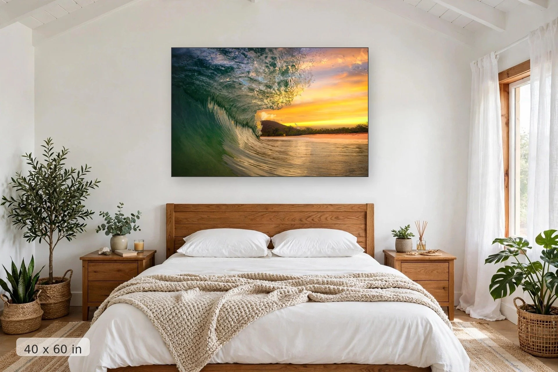 Wave barrel glowing at sunset — Sunset Barrel print, 40x60 mockup above a bedroom headboard