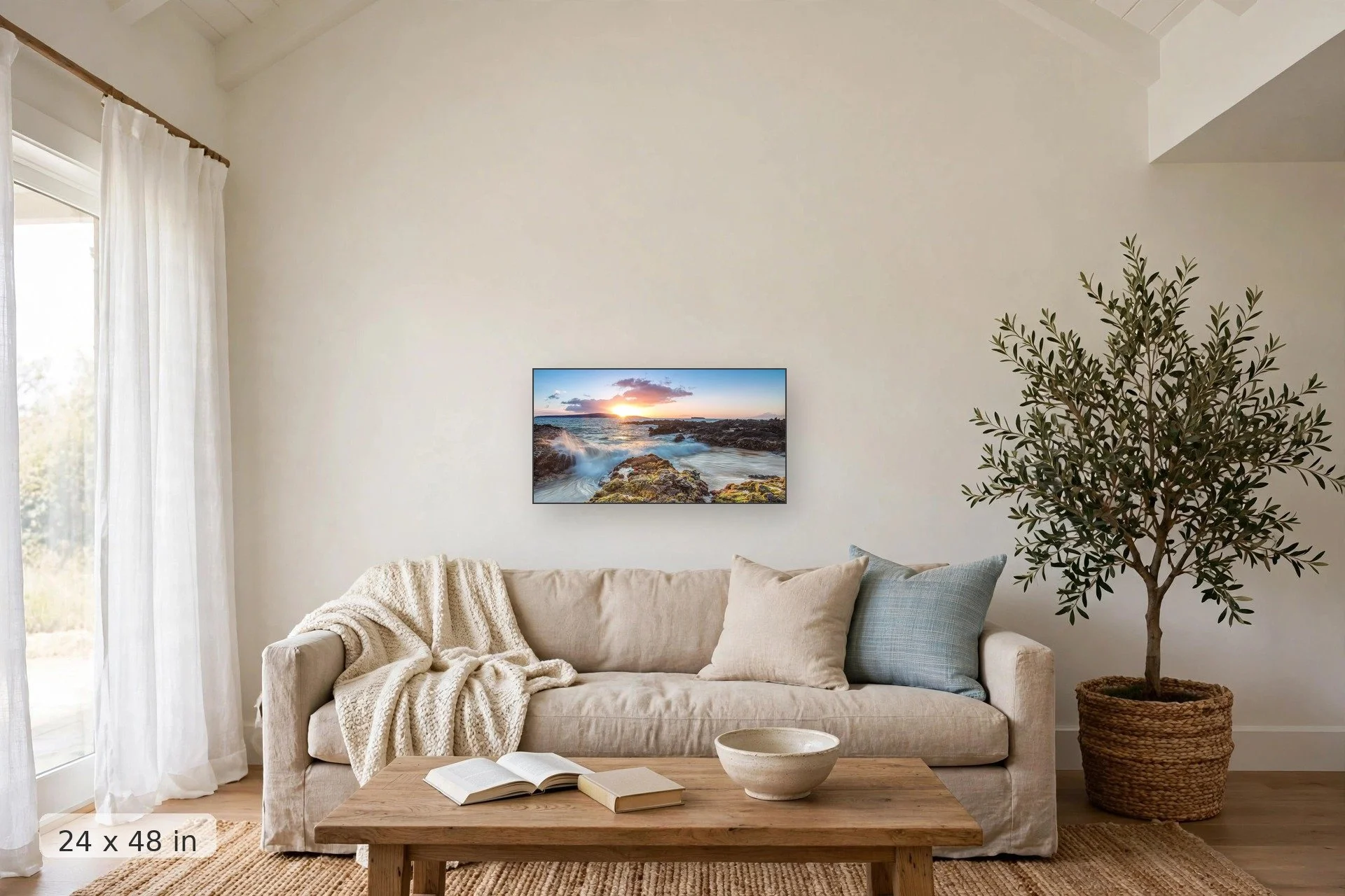 sunset over tidepools — Secrets Sunset print, 32x48 mockup above a living room sofa