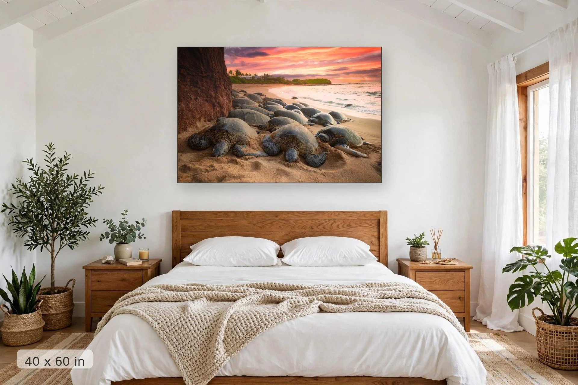 Turtles sleeping on beach with sunset in background — Tavares Turtles print, 40x60 mockup above a bedroom headboard