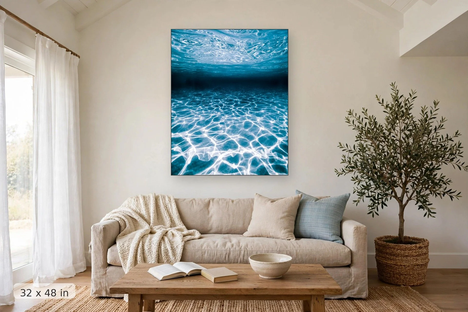 light and texture patterns on the ocean seafloor — Water Shapes print, 32x48 mockup above a living room sofa