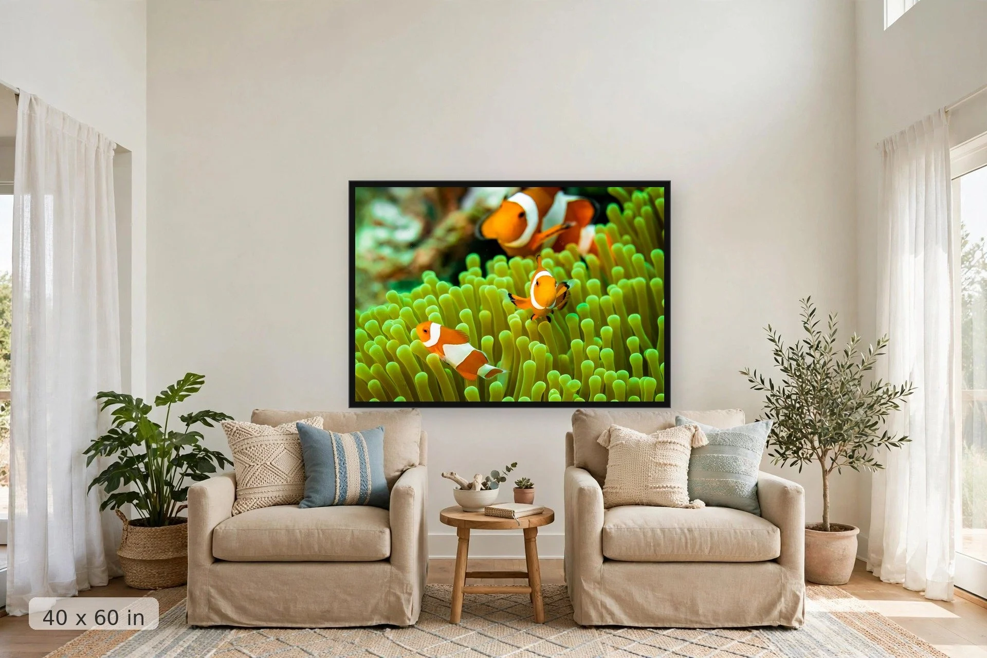 Clownfish family on a coral reef — Family of Clowns print, 40x60 large mockup in a living room
