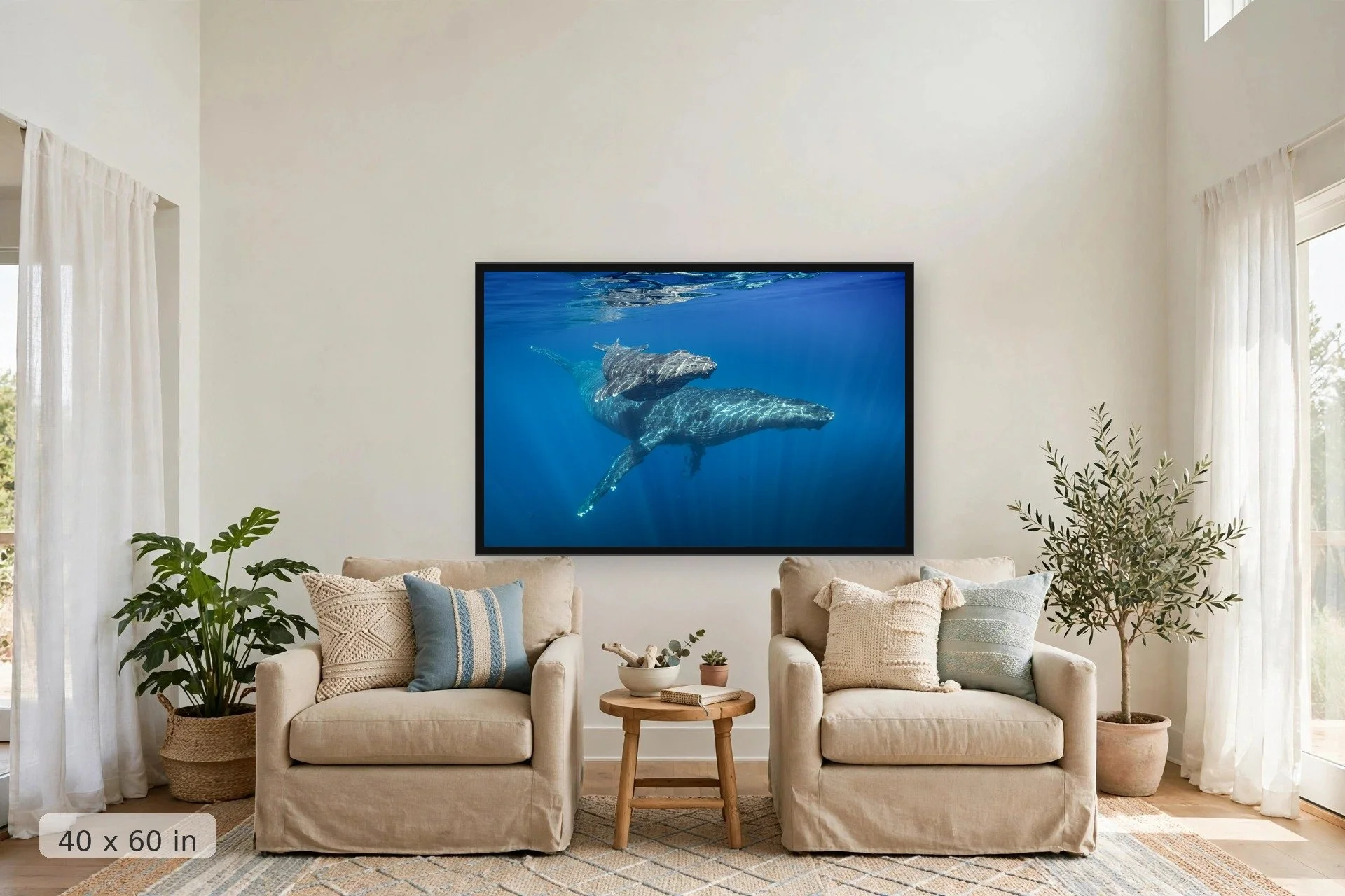 Close encounter with humpback whales — Close Encounters print, 40x60 large mockup in a living room