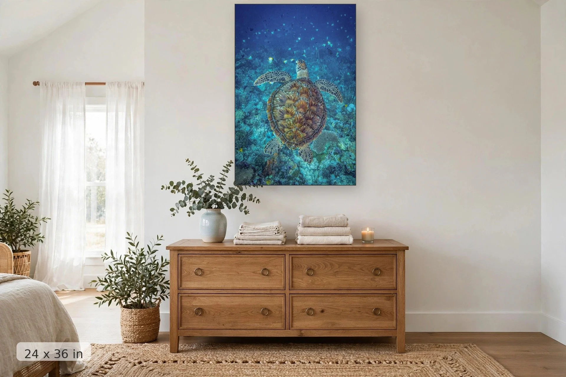 Green sea turtle portrait — Shelly print, 24x36 mockup above a dresser