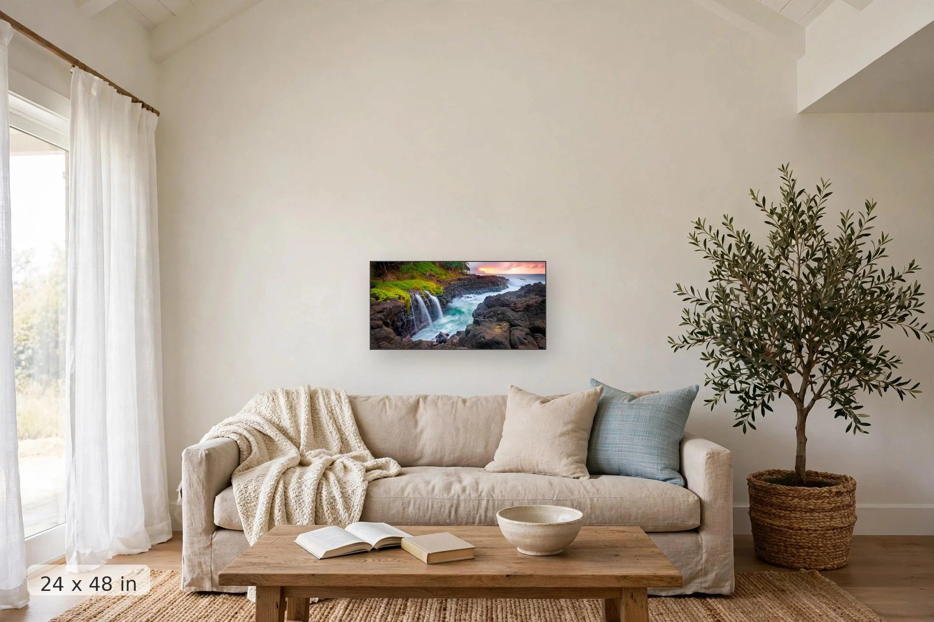 Queen's Bath tide pools panoramic — Queen's Bath Panoramic print, 32x48 mockup above a living room sofa