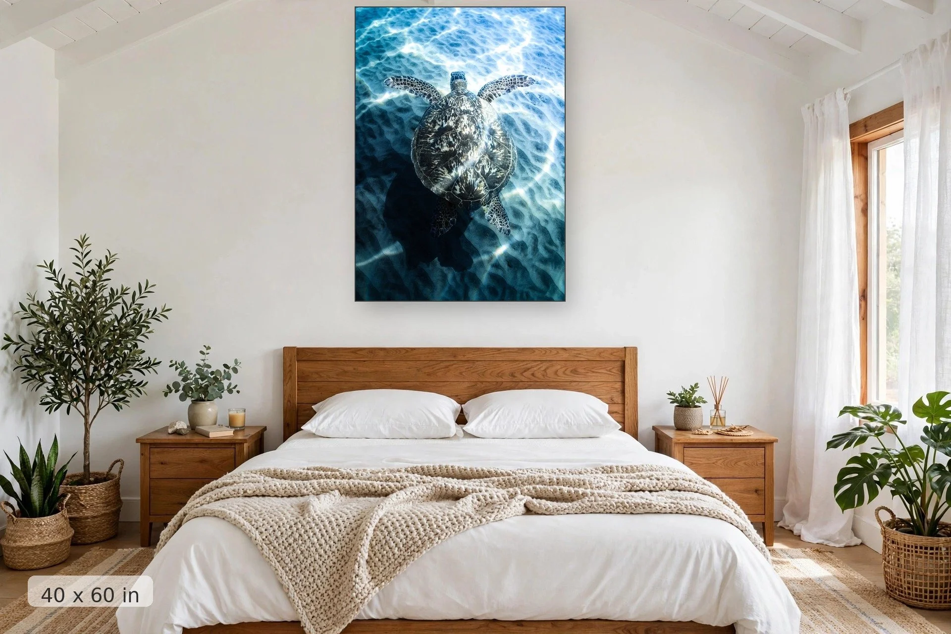 sea turtle glides along ocean bottom with sand and wave patterns texturing photo — Honu Gliding print, 40x60 mockup above a bedroom headboard