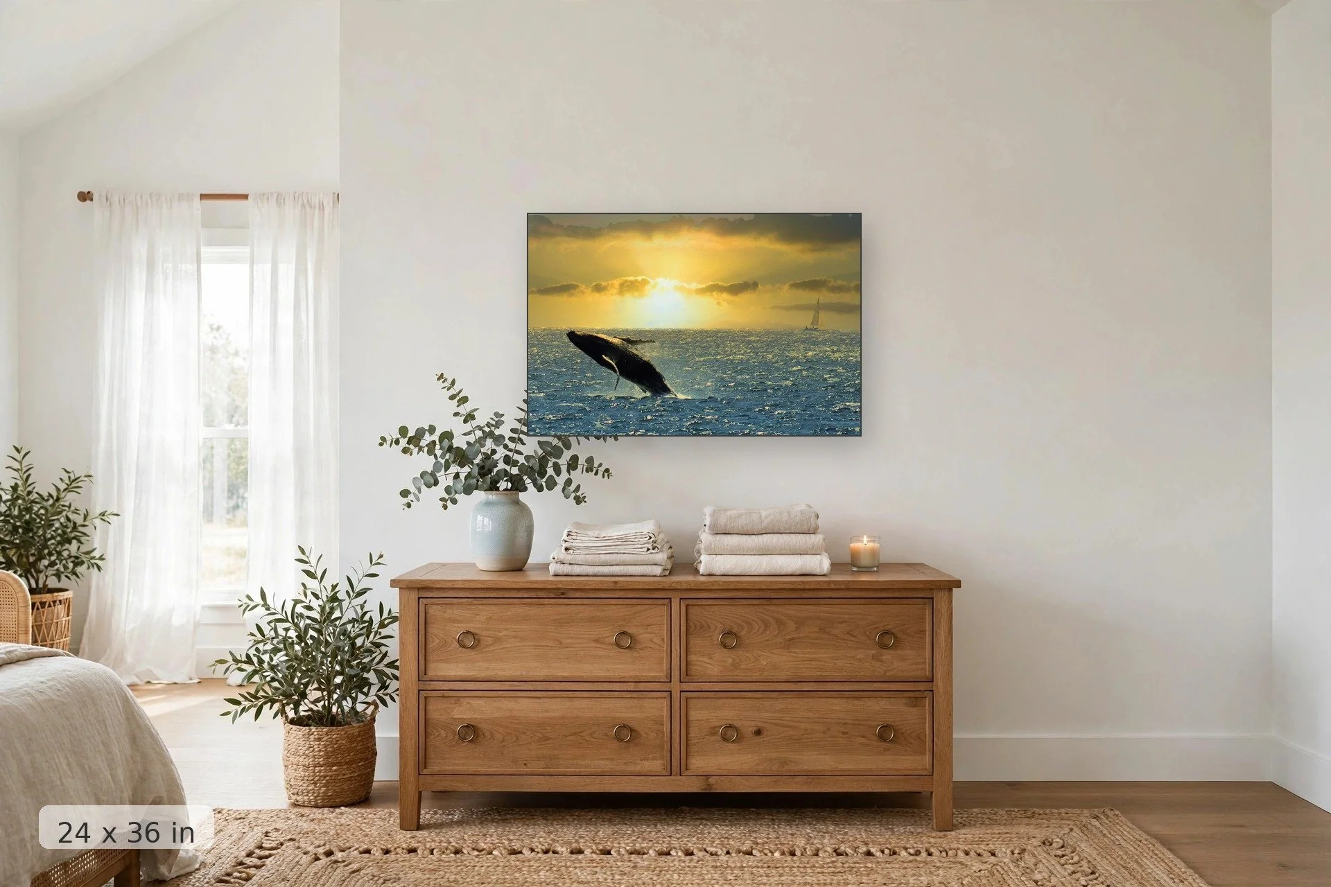 Humpback whale breaching at sunset — Sunset Breach print, 24x36 mockup above a dresser