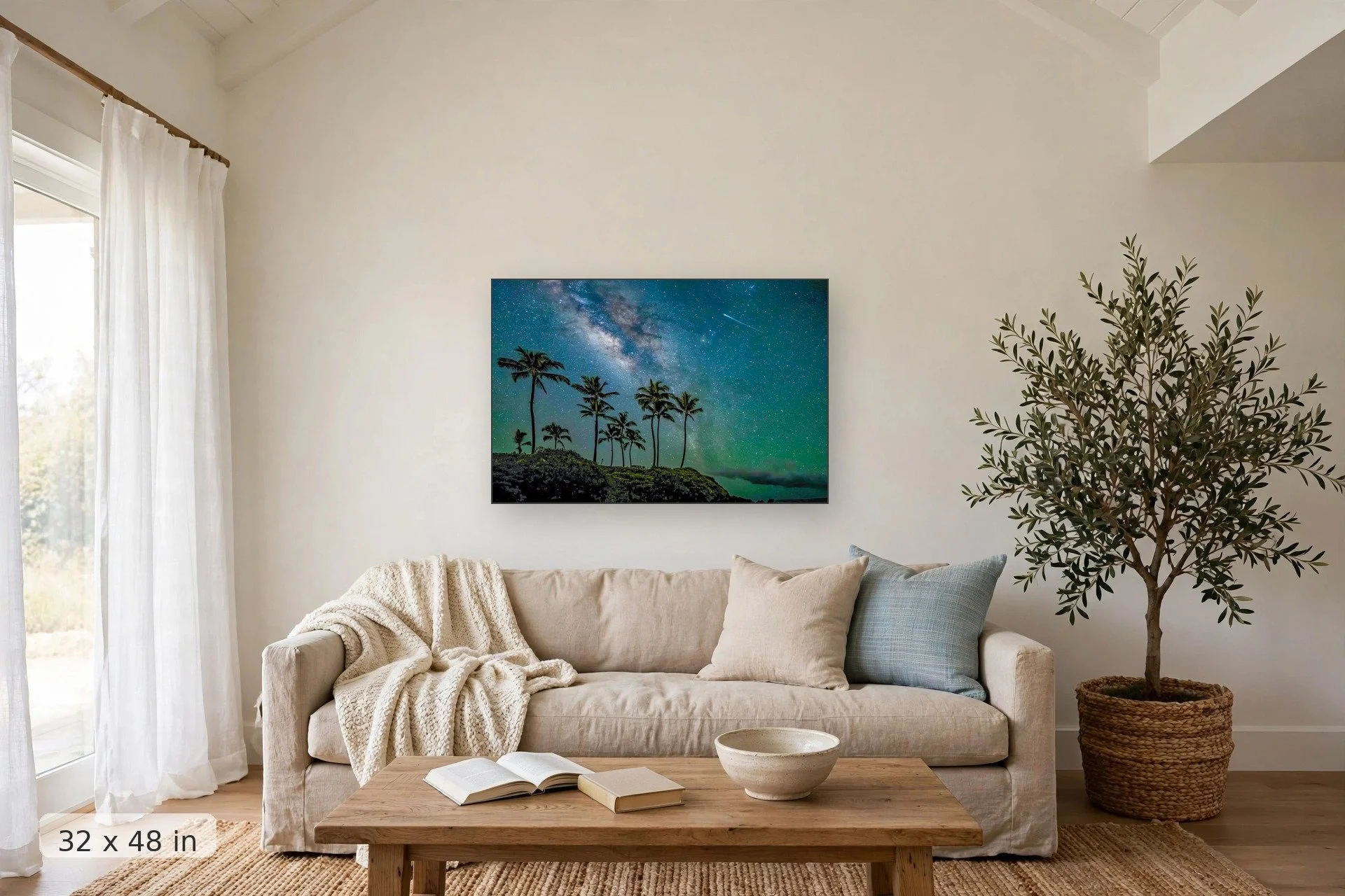 Shooting star over the Hawaiian night sky — Shooting Star print, 32x48 mockup above a living room sofa