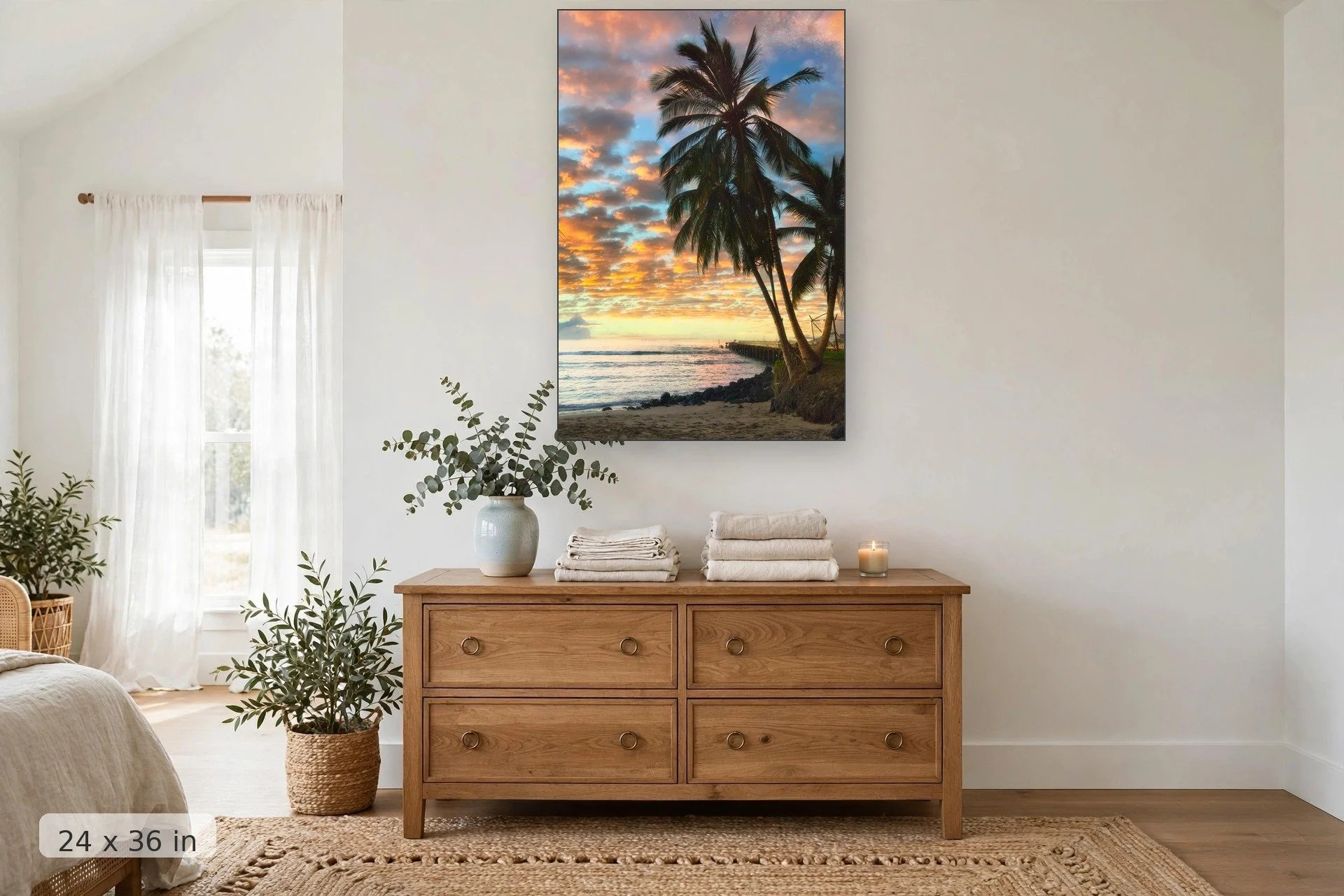 colorful clouds reflect sunset colors over hawaiian beach with large palm trees in foreground — Mala Palms print, 24x36 mockup above a dresser