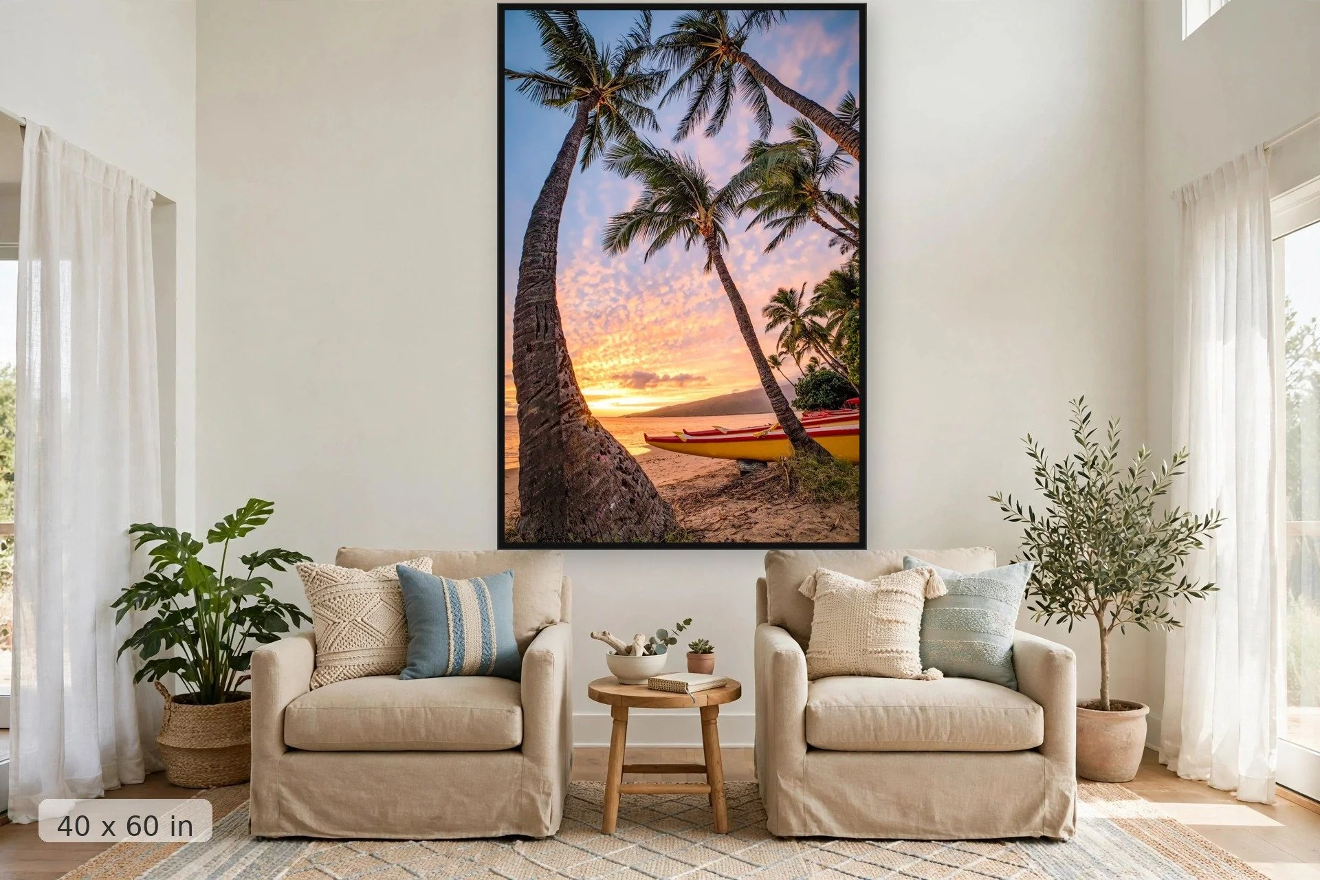 palm trees and sunset with outrigger canoe — Hawaiian Tradition print, 40x60 large mockup in a living room