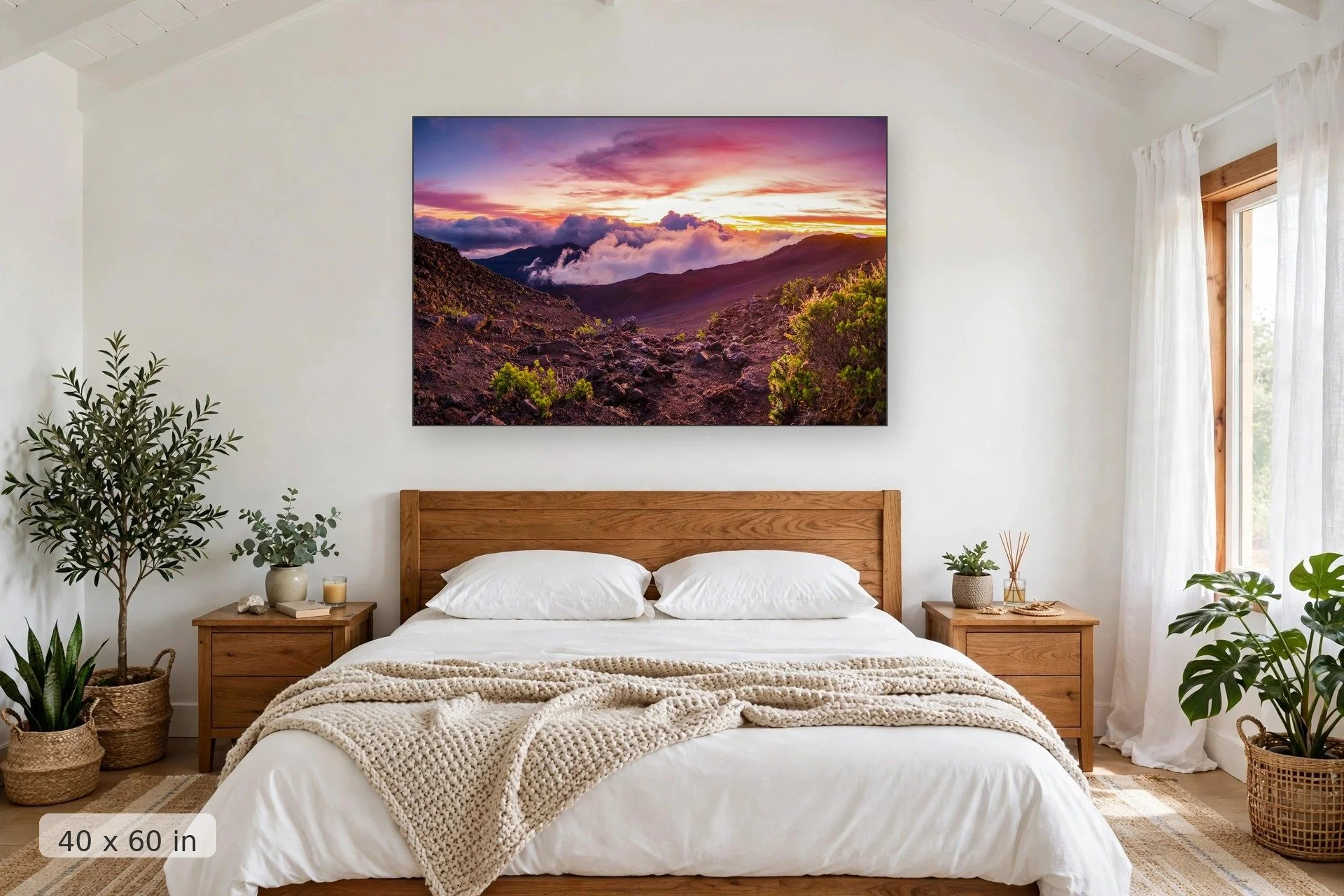 sunrise over Haleakala Crater, Maui — Crater Sunrise print, 40x60 mockup above a bedroom headboard
