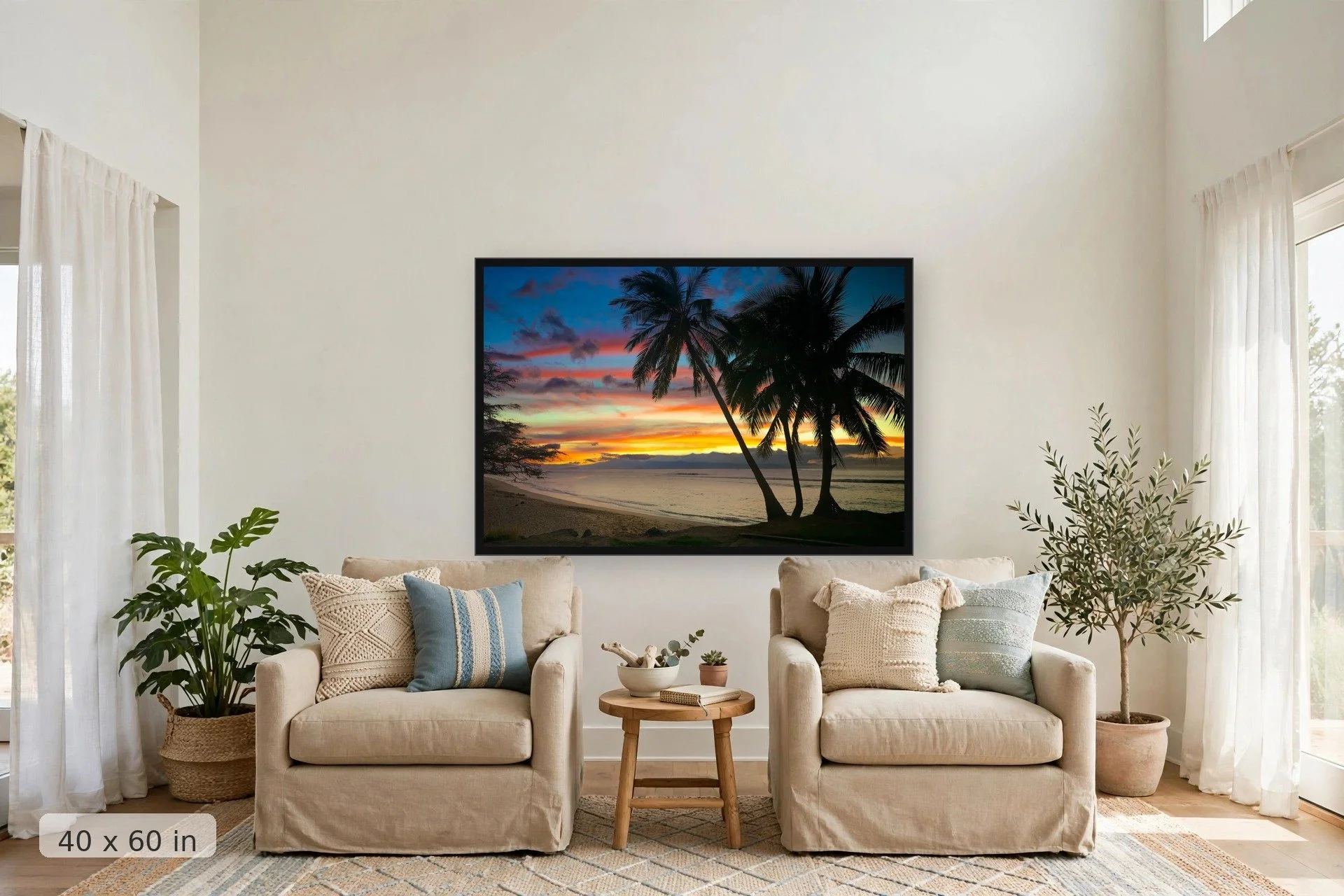 vivid orange, pink and blue sunset over mala wharf with palm trees silhouetted in foreground — Mala Sunset print, 40x60 large mockup in a living room