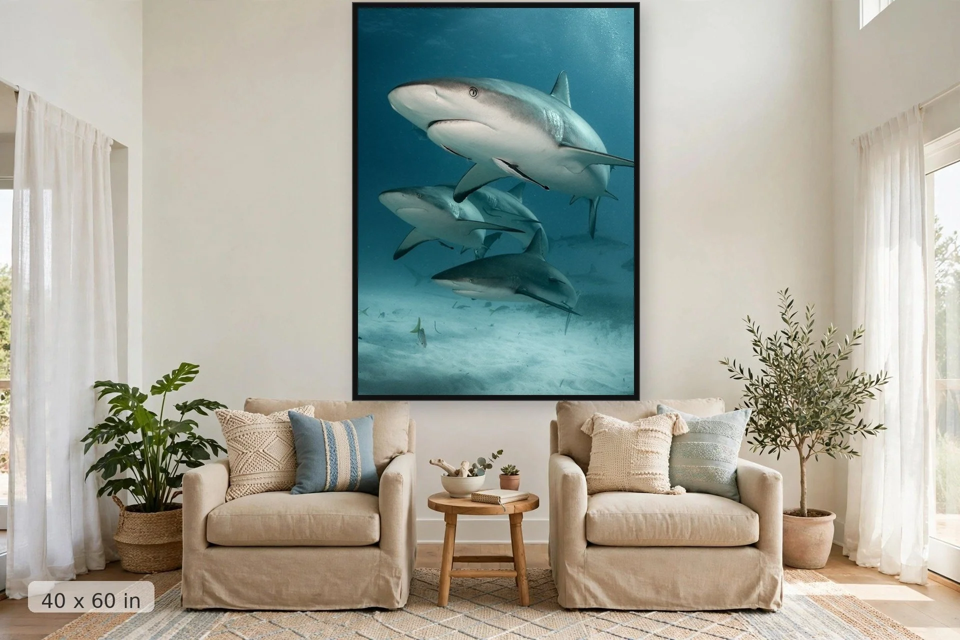 Reef sharks cruising the reef — Reef Sharks print, 40x60 large mockup in a living room