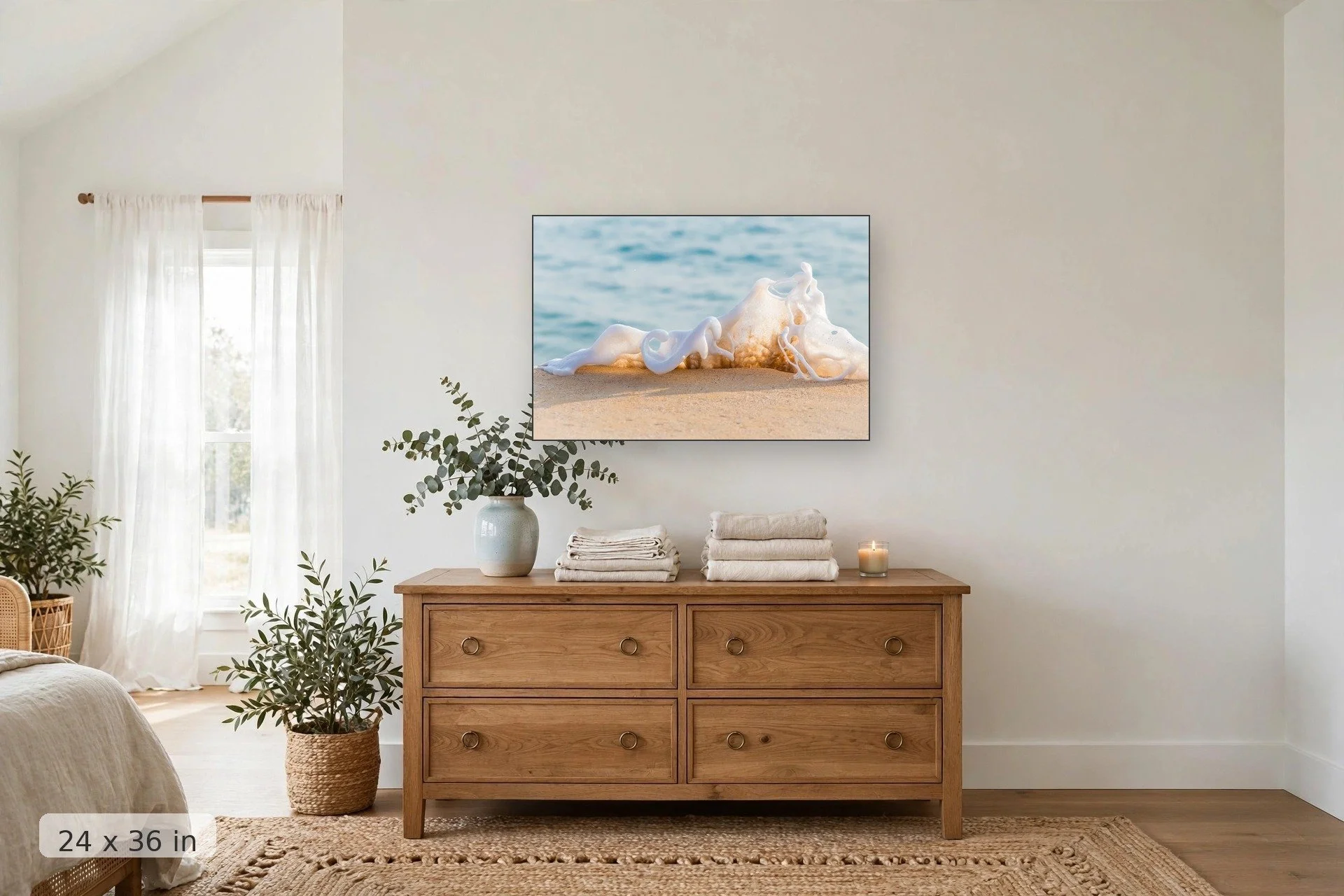 Sea foam wave washing the beach — Musical Wave print, 24x36 mockup above a dresser