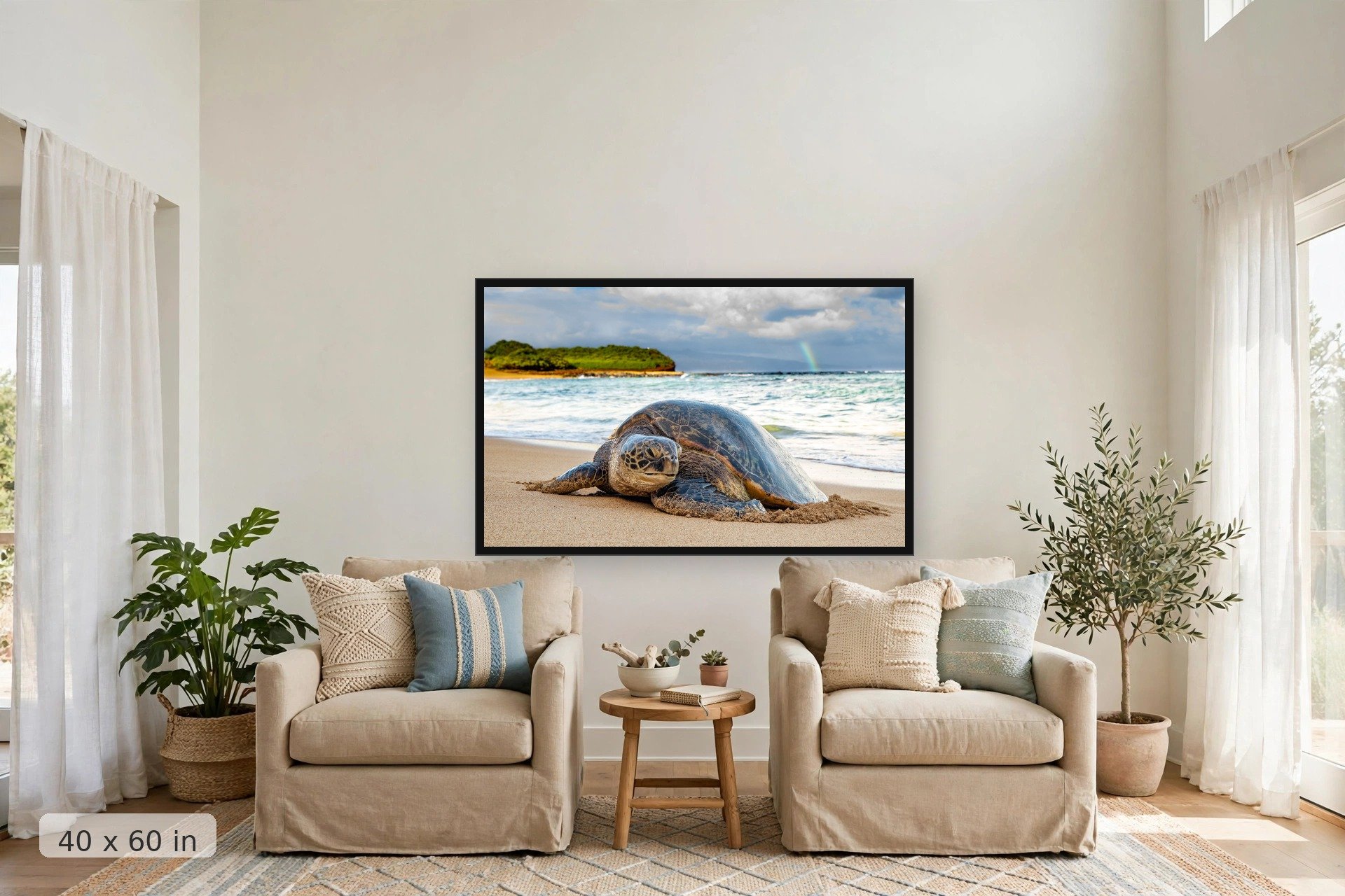 Hawaiian green sea turtle in morning light — Morning Honu print, 40x60 large mockup in a living room