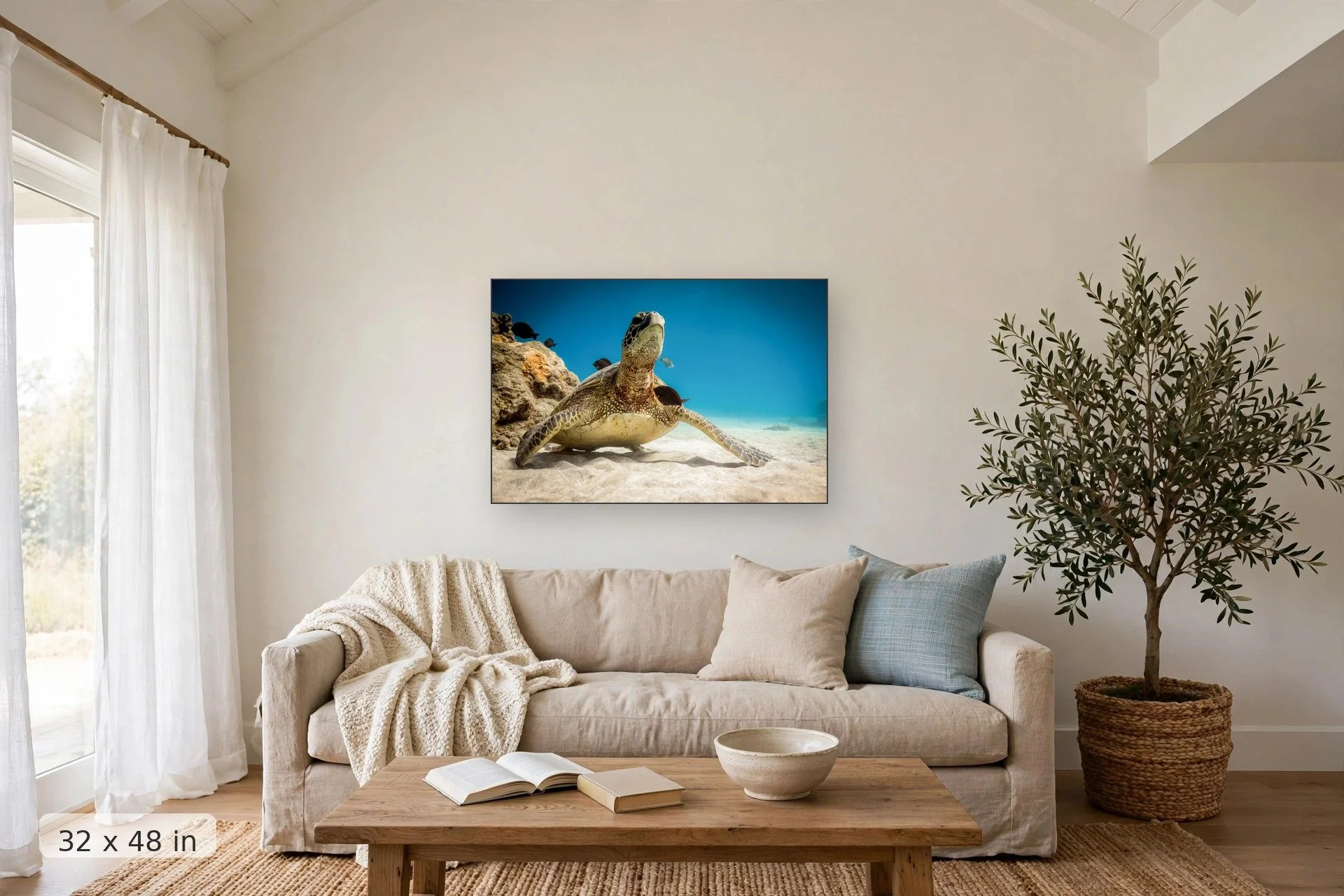 surgeon fish clean a sea turtle in an underwater cleaning station — Honu Cleanse print, 32x48 mockup above a living room sofa