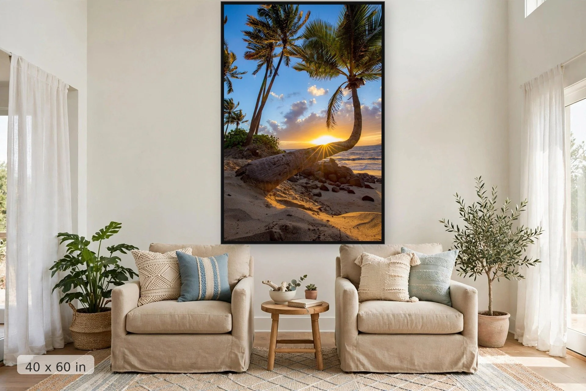 palm bends towards ocean on scenic hawaiian beach in maui — Rays of Paradise print, 40x60 large mockup in a living room