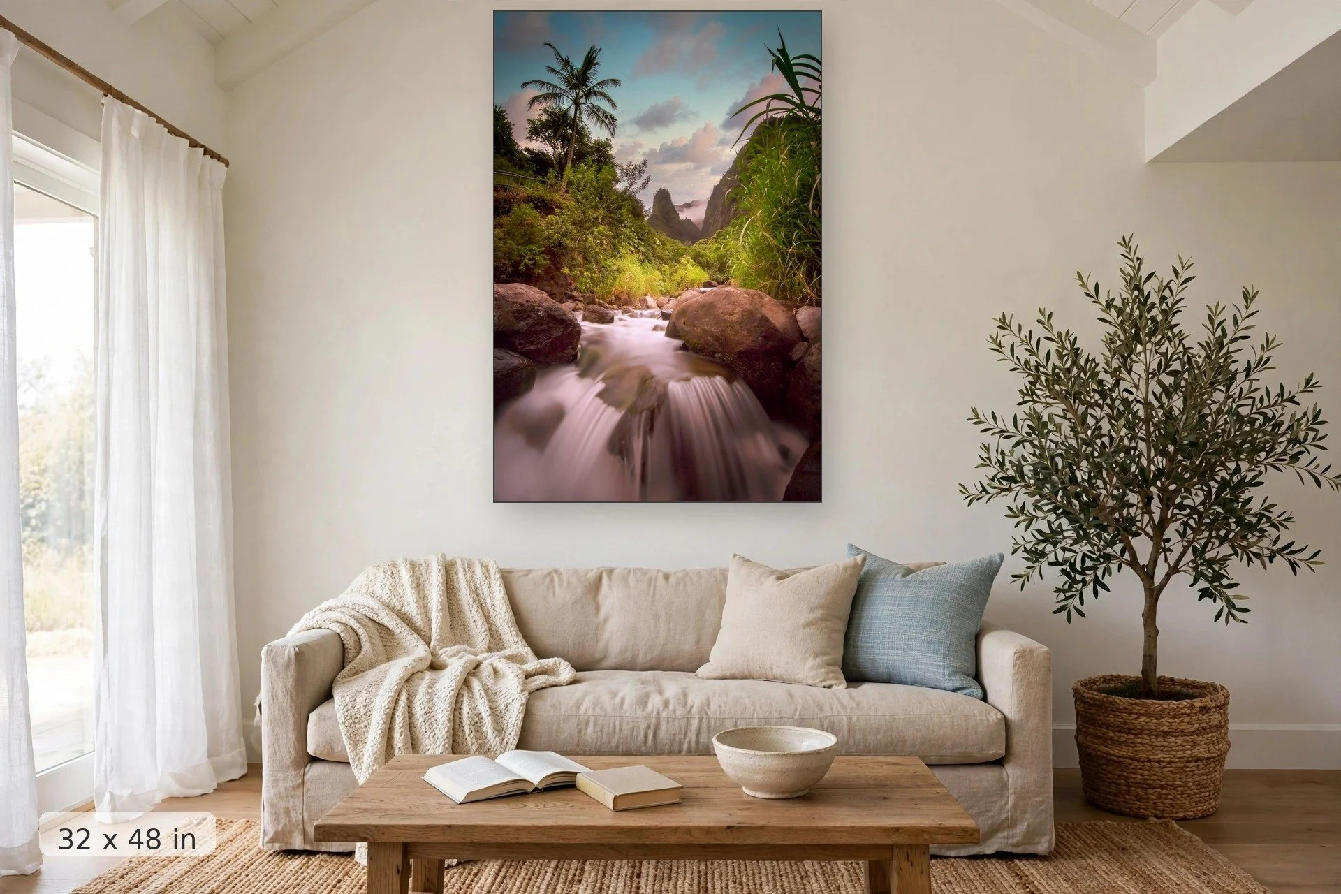 Iao Valley stream at sunset — Iao Sunset print, 32x48 mockup above a living room sofa