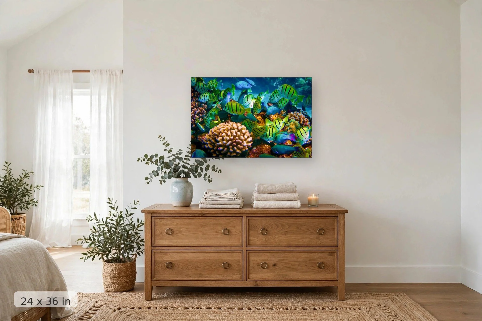 Feeding frenzy on a Hawaii reef — Feeding Frenzy print, 24x36 mockup above a dresser