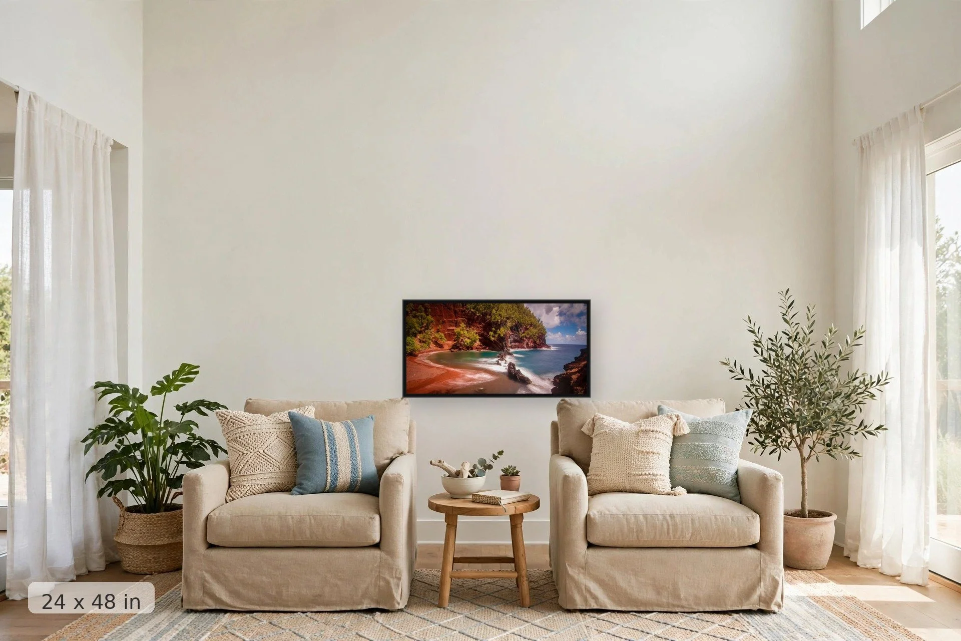 view from above maui's famous red sand beach — Red Sand Beach print, 40x60 large mockup in a living room