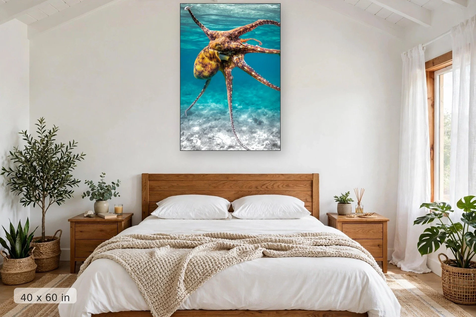 Day octopus at Honolua Bay — Honolua Tako print, 40x60 mockup above a bedroom headboard