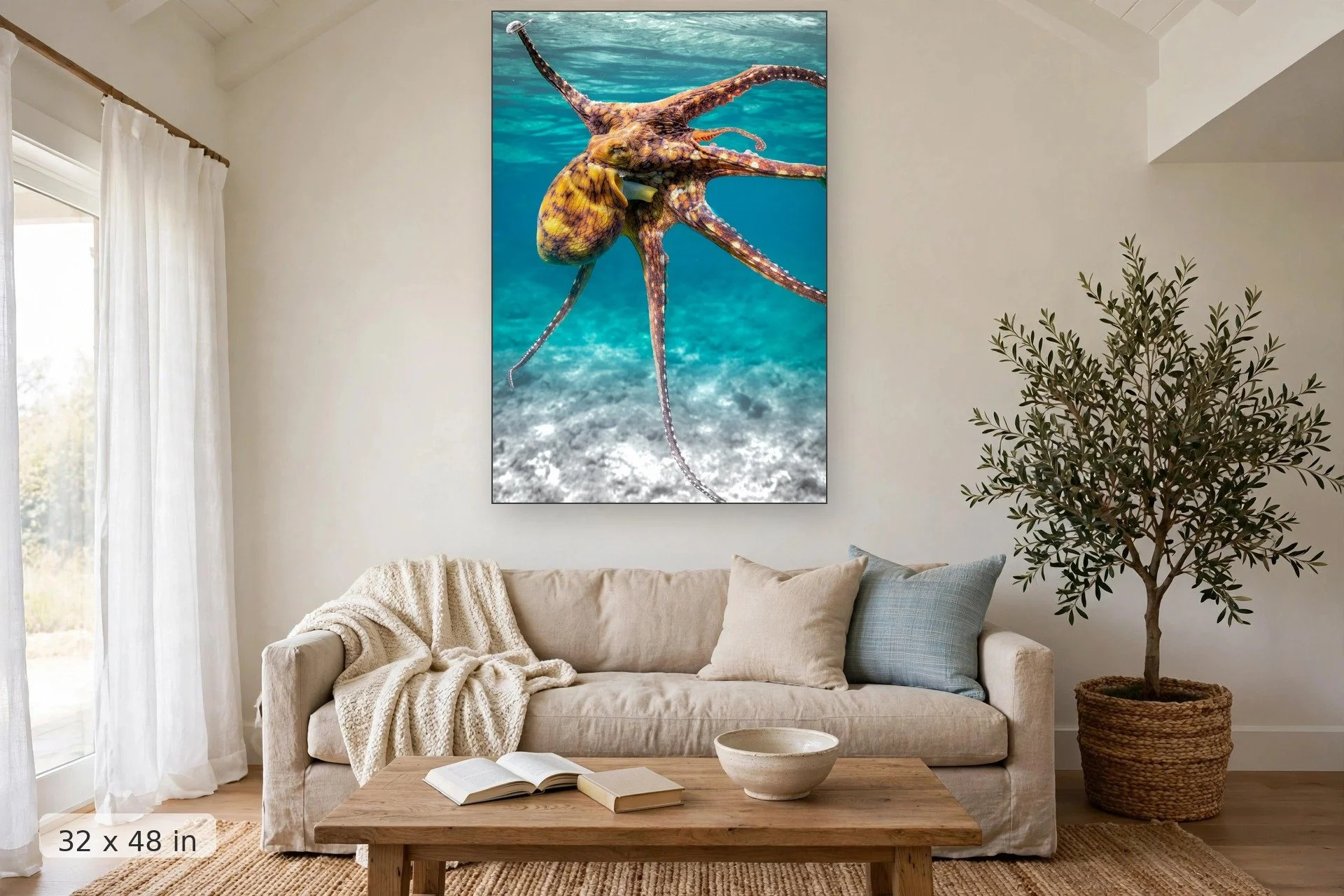 Day octopus at Honolua Bay — Honolua Tako print, 32x48 mockup above a living room sofa