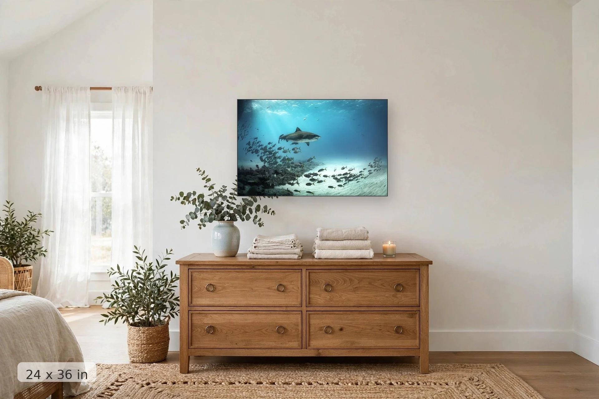 Tiger shark with schooling jack fish — Tiger and Jacks print, 24x36 mockup above a dresser