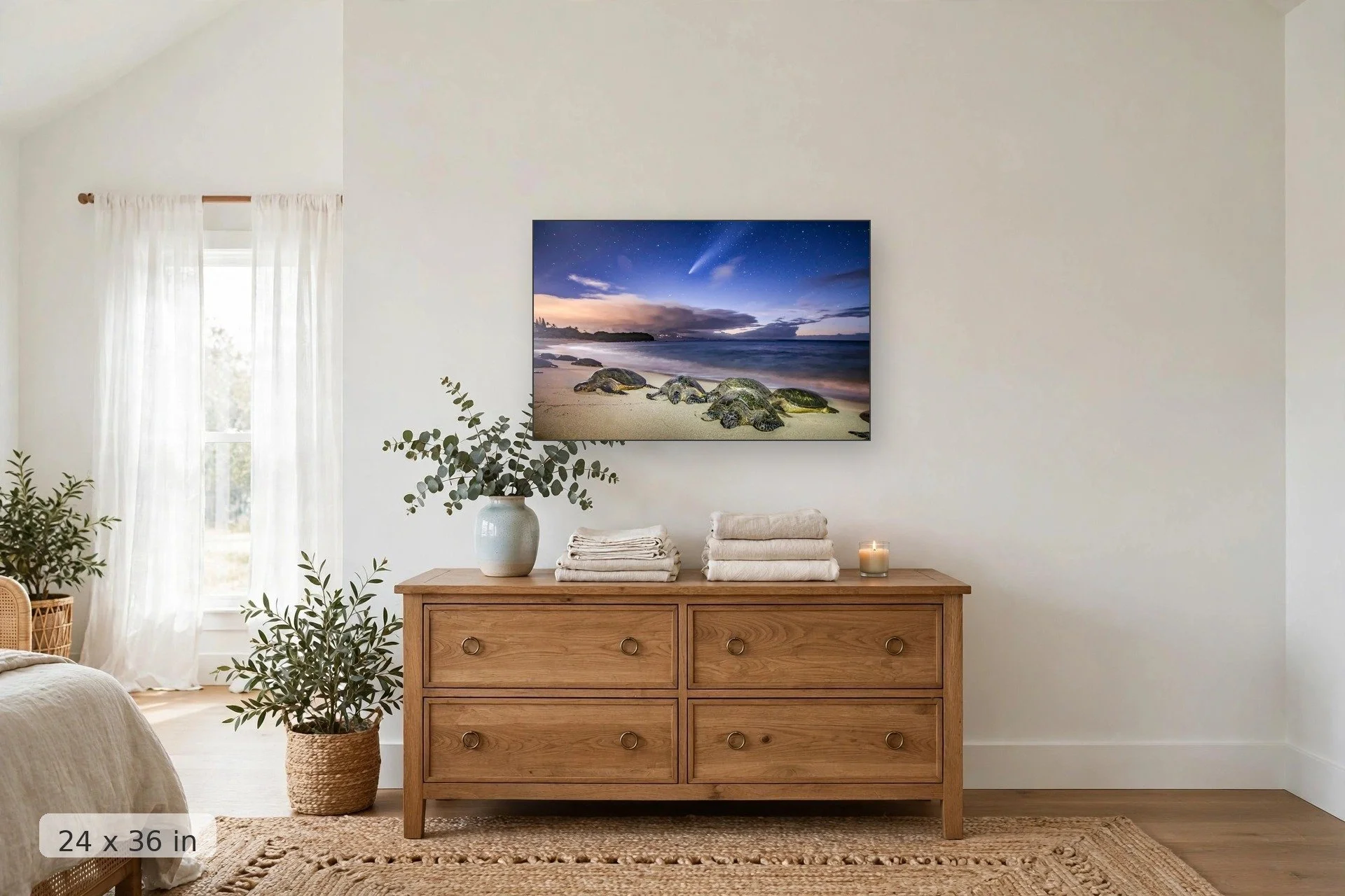 turtles sleep on the beach with the neowise comet traveling overhead — Neowise Honu print, 24x36 mockup above a dresser