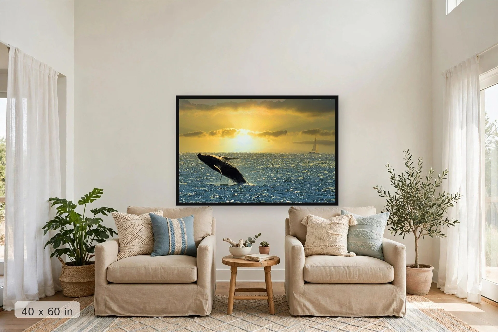 Humpback whale breaching at sunset — Sunset Breach print, 40x60 large mockup in a living room