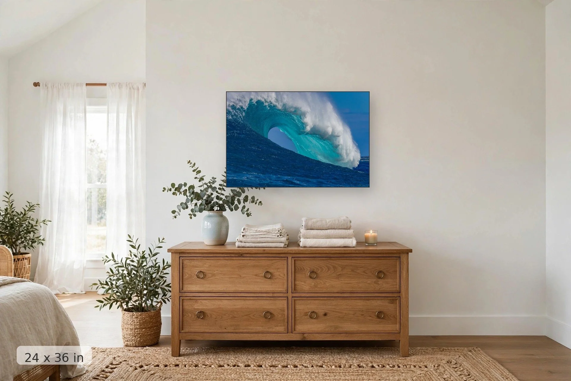 Hollow wave barrel at Peahi, Maui — Peahi Hollow print, 24x36 mockup above a dresser