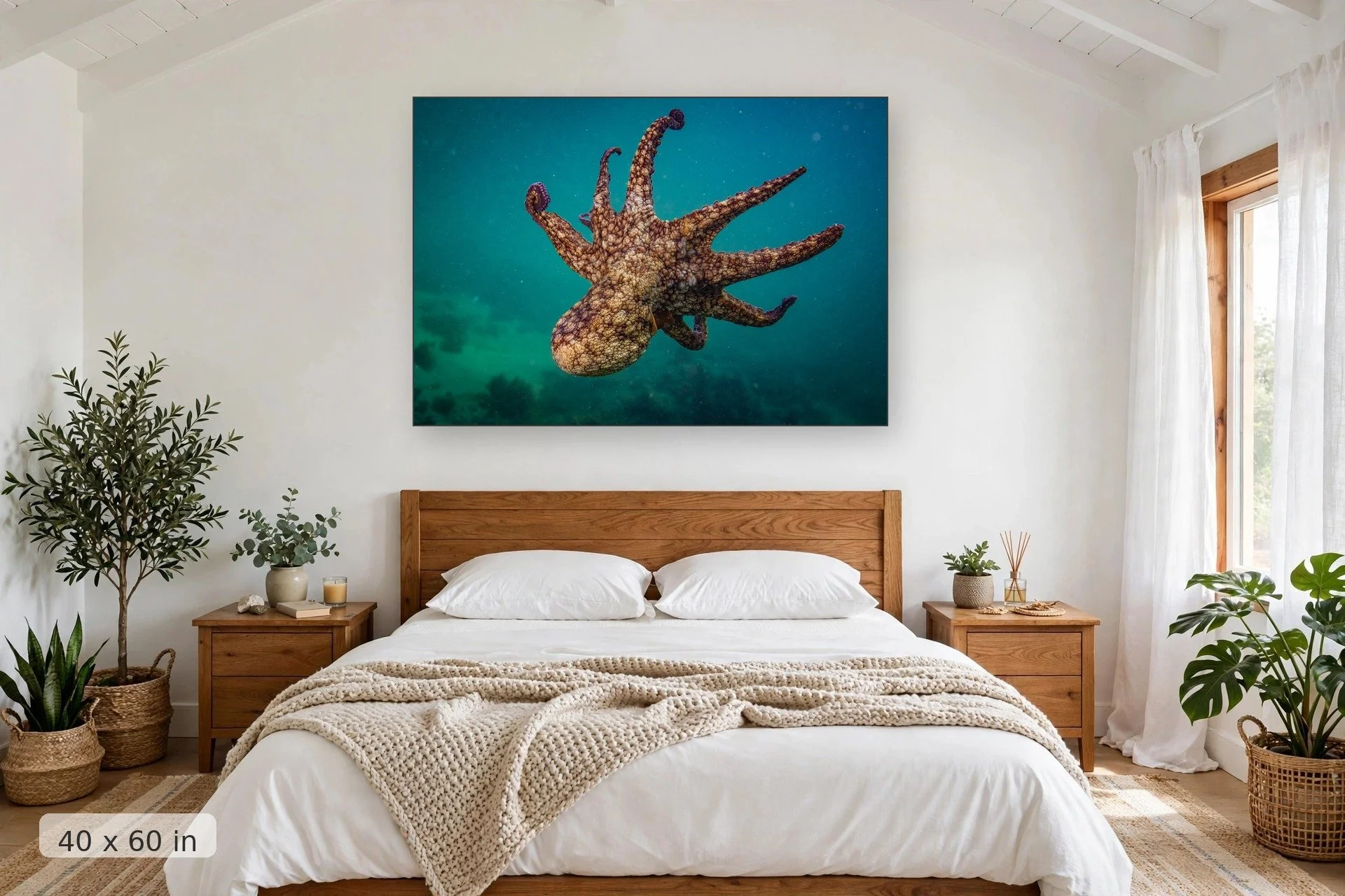 Green octopus swimming in Baja — El Pulpo print, 40x60 mockup above a bedroom headboard